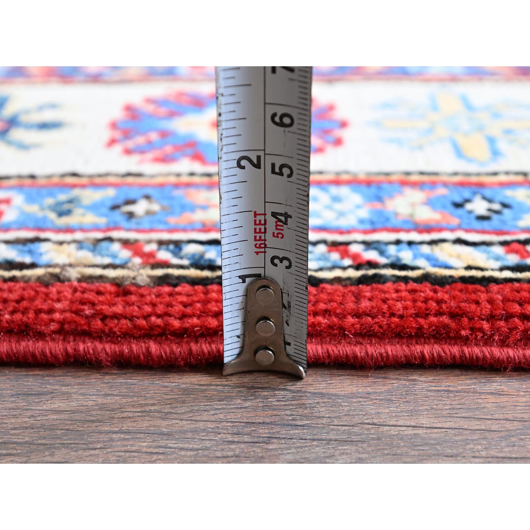 3'3"x4'10" Crimson Red, Kazak with Geometric Medallions Design, Vegetable Dyes, Hand Knotted, Denser Weave, Pure Wool, Oriental Rug Sh349