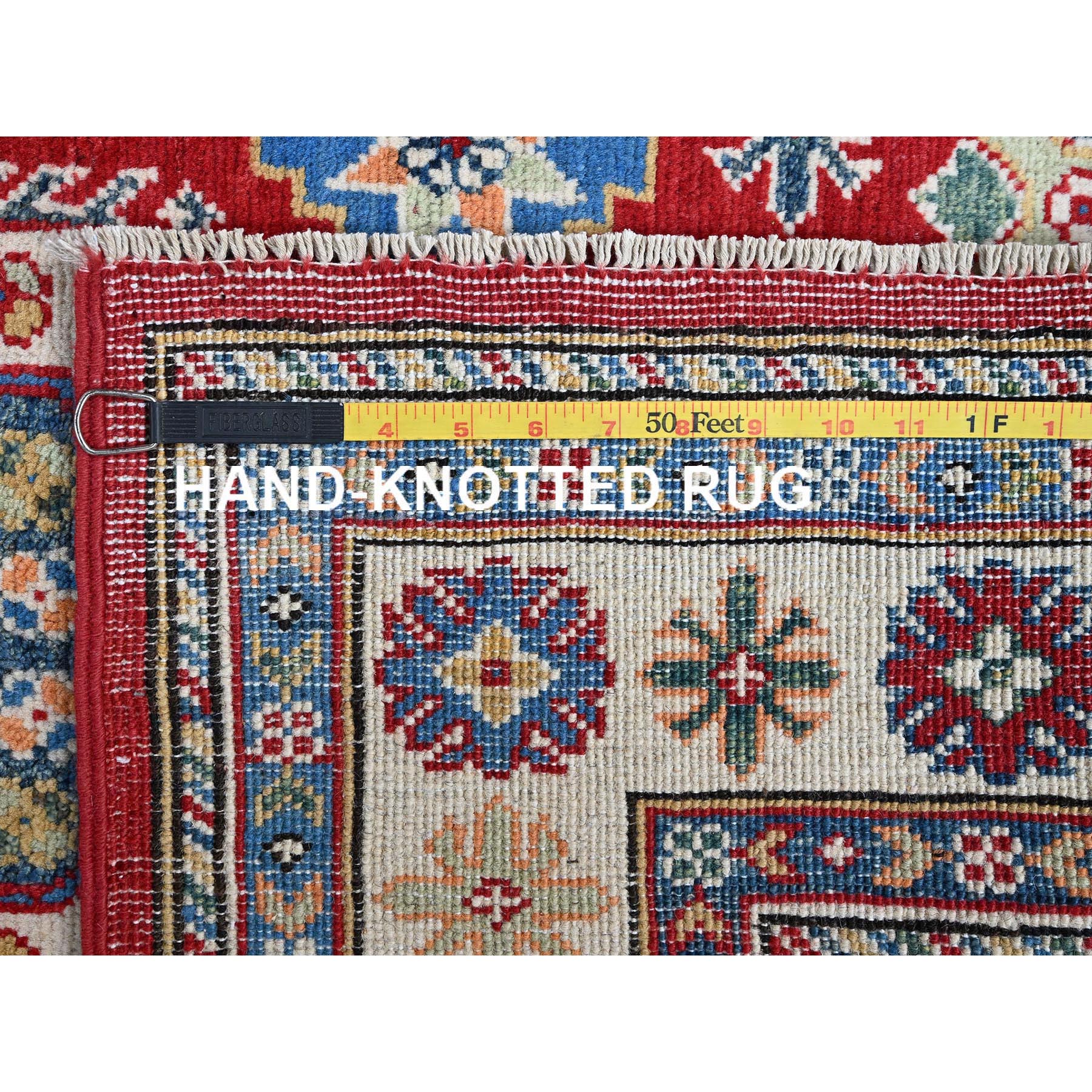 3'3"x4'10" Crimson Red, Kazak with Geometric Medallions Design, Vegetable Dyes, Hand Knotted, Denser Weave, Pure Wool, Oriental Rug Sh349