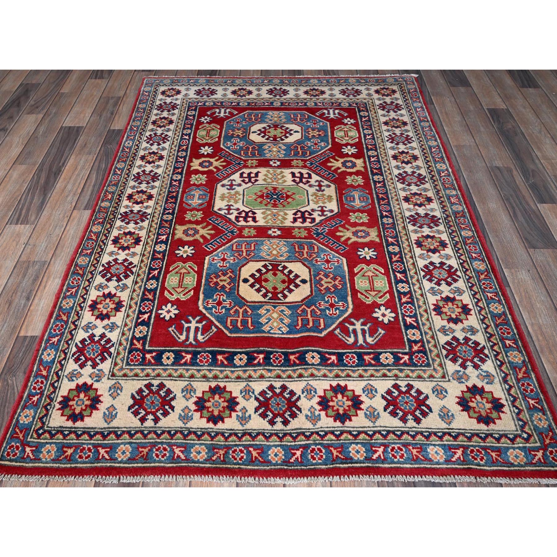 4'x5'8" Arsenal Red, Kazak with Geometric Medallions Design, Vegetable Dyes, Hand Knotted, Denser Weave, Soft and Vibrant Wool, Oriental Rug Sh354