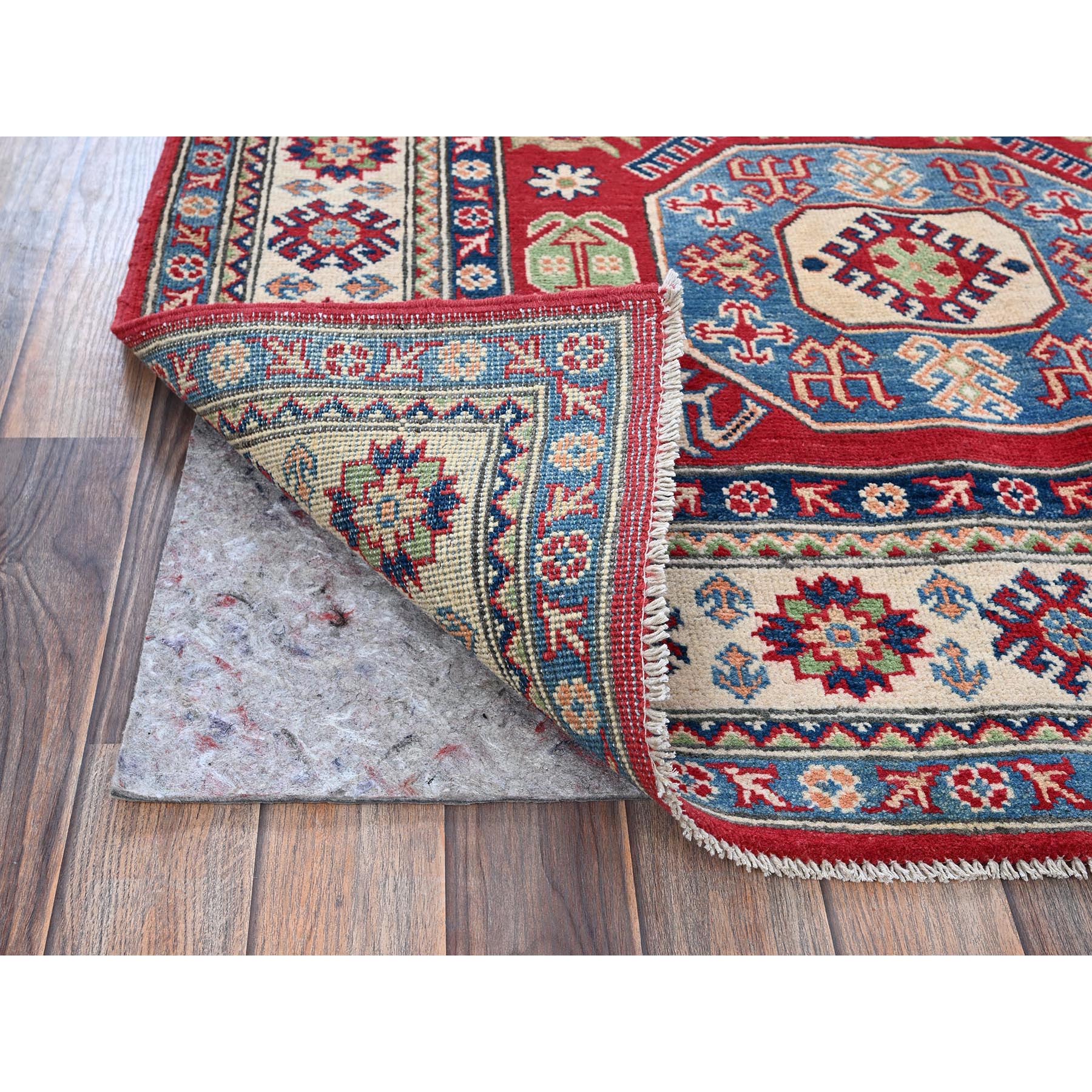4'x5'8" Arsenal Red, Kazak with Geometric Medallions Design, Vegetable Dyes, Hand Knotted, Denser Weave, Soft and Vibrant Wool, Oriental Rug Sh354