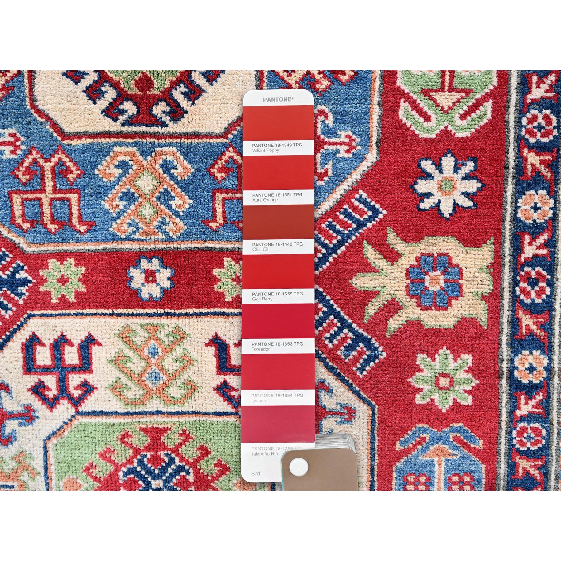 4'x5'8" Arsenal Red, Kazak with Geometric Medallions Design, Vegetable Dyes, Hand Knotted, Denser Weave, Soft and Vibrant Wool, Oriental Rug Sh354