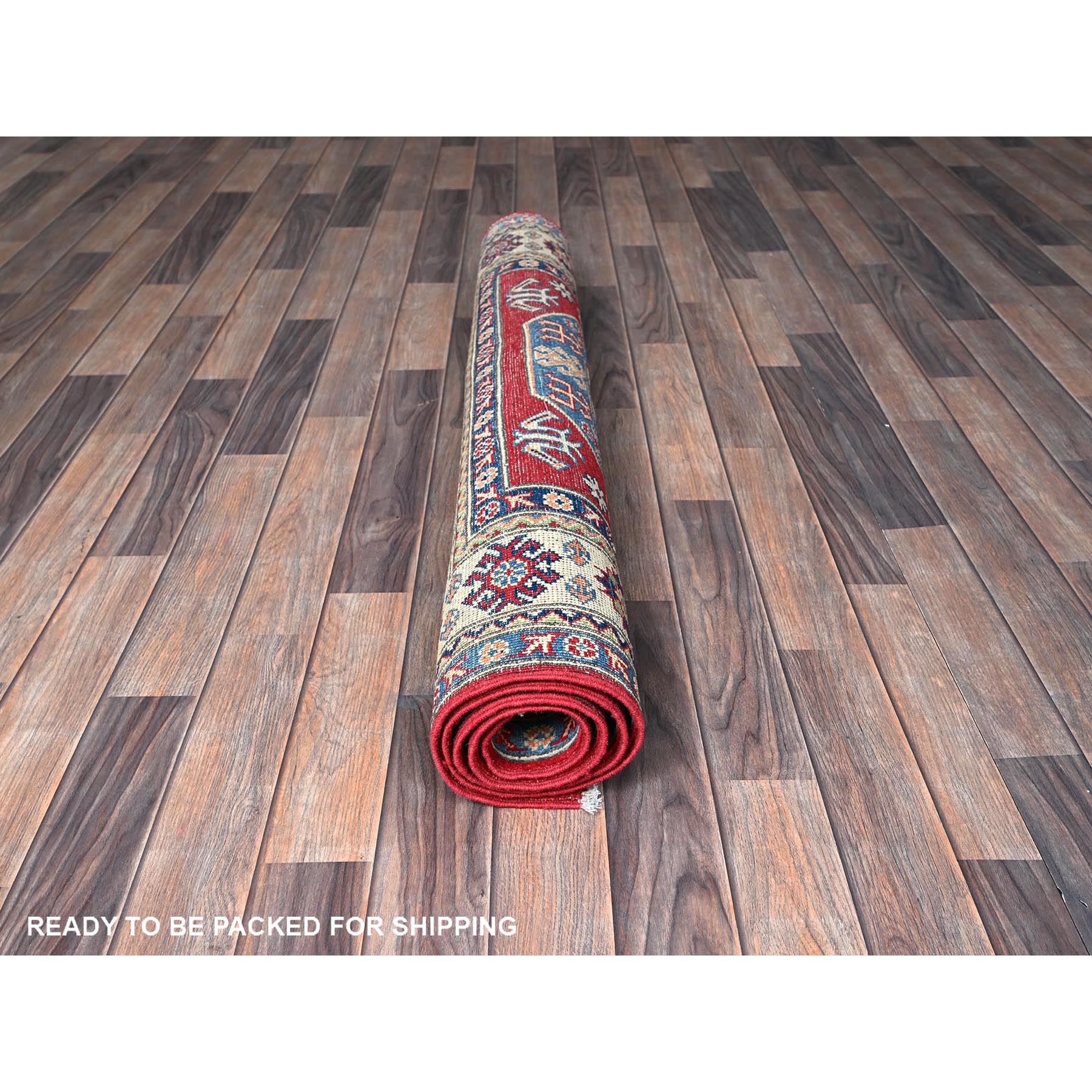 4'x5'8" Arsenal Red, Kazak with Geometric Medallions Design, Vegetable Dyes, Hand Knotted, Denser Weave, Soft and Vibrant Wool, Oriental Rug Sh354