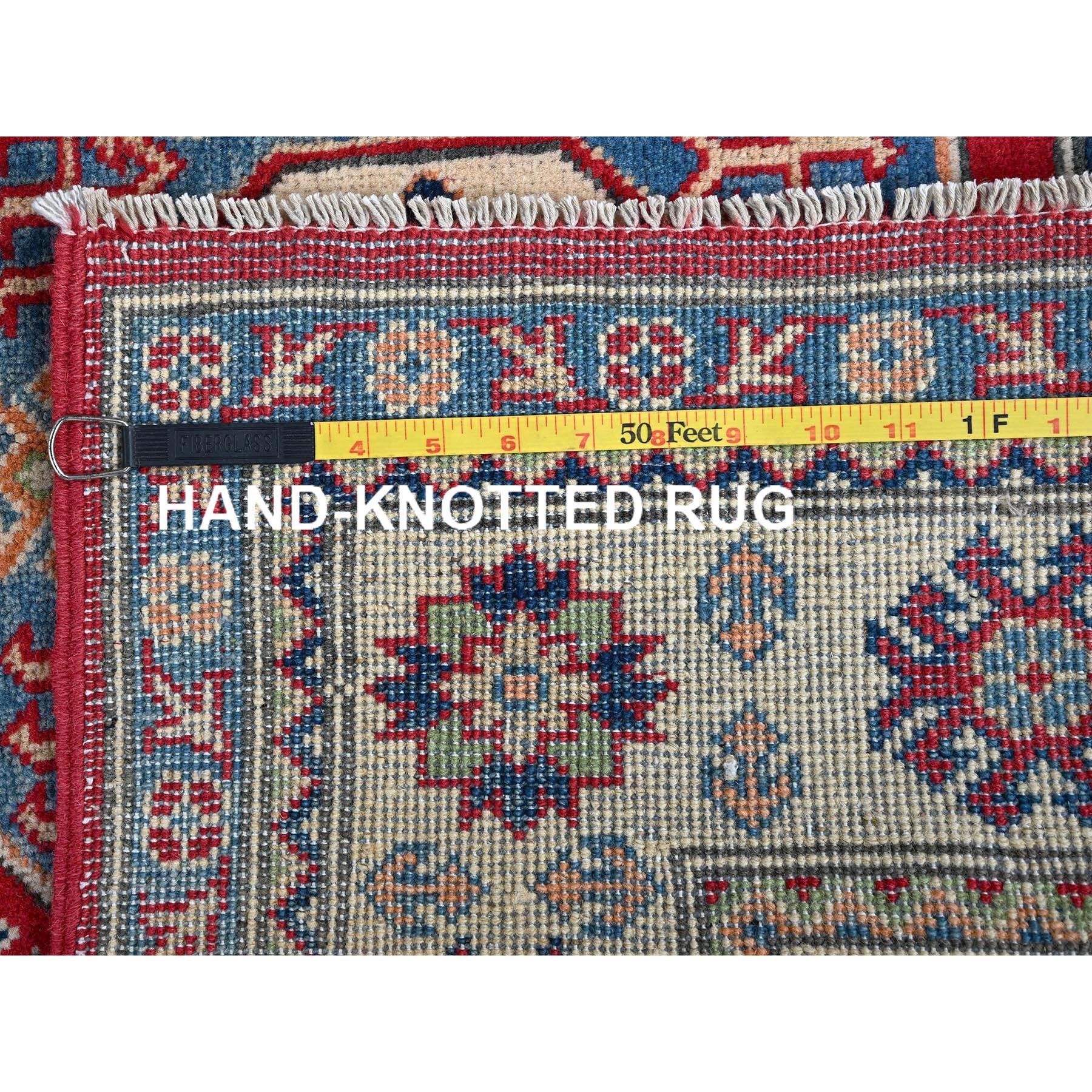 4'x5'8" Arsenal Red, Kazak with Geometric Medallions Design, Vegetable Dyes, Hand Knotted, Denser Weave, Soft and Vibrant Wool, Oriental Rug Sh354
