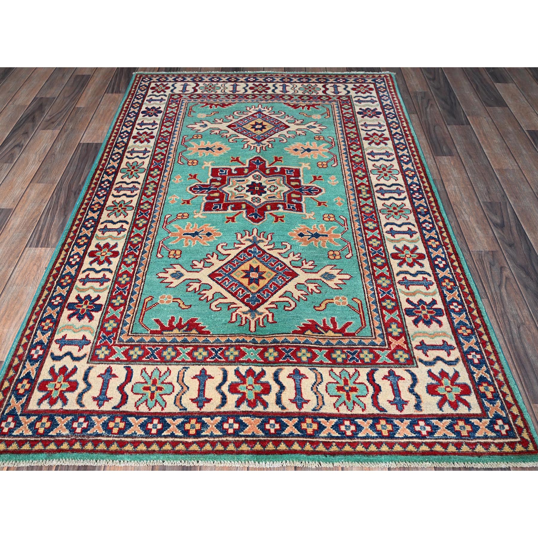 4'x5'10" Aqua Green, Kazak with Tribal Medallions Design, Vegetable Dyes, Denser Weave, Soft and Vibrant Wool, Hand Knotted, Oriental Rug Sh355