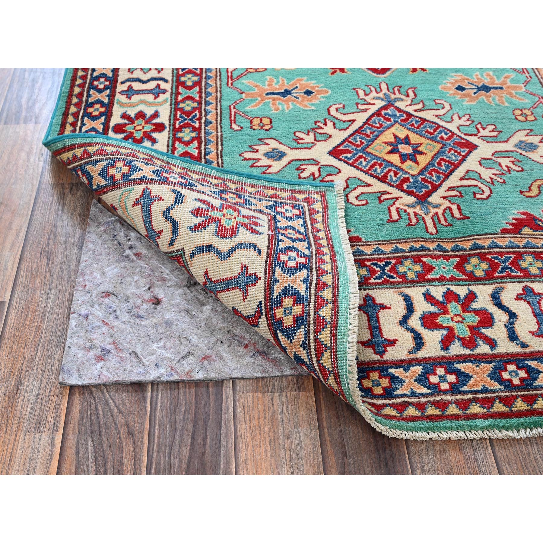 4'x5'10" Aqua Green, Kazak with Tribal Medallions Design, Vegetable Dyes, Denser Weave, Soft and Vibrant Wool, Hand Knotted, Oriental Rug Sh355