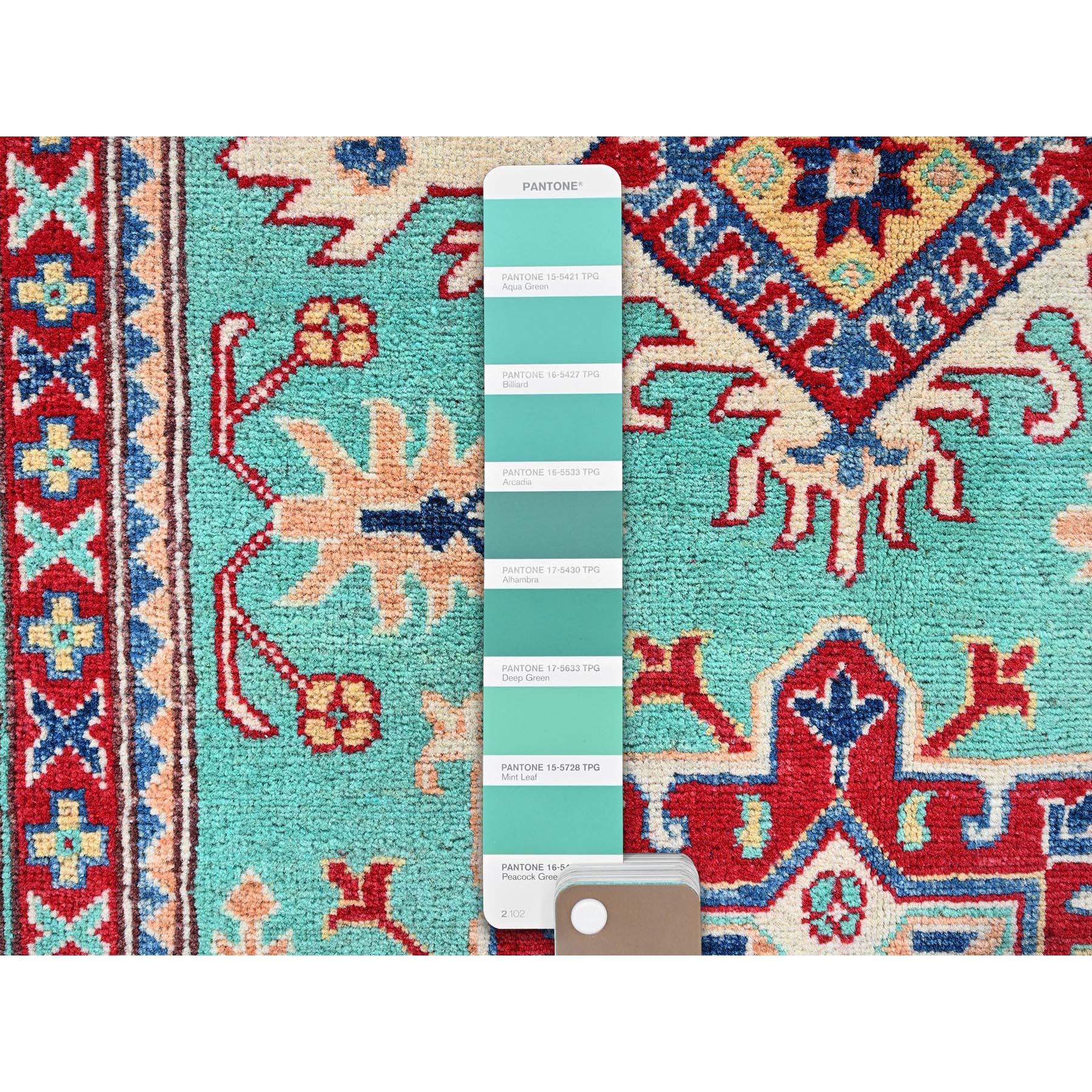 4'x5'10" Aqua Green, Kazak with Tribal Medallions Design, Vegetable Dyes, Denser Weave, Soft and Vibrant Wool, Hand Knotted, Oriental Rug Sh355