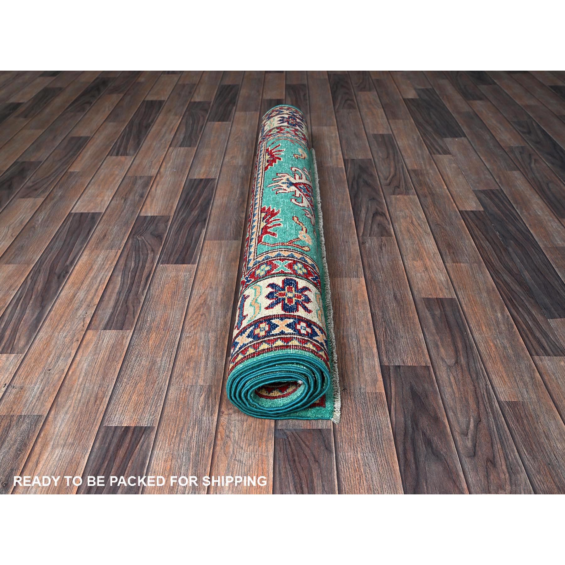 4'x5'10" Aqua Green, Kazak with Tribal Medallions Design, Vegetable Dyes, Denser Weave, Soft and Vibrant Wool, Hand Knotted, Oriental Rug Sh355
