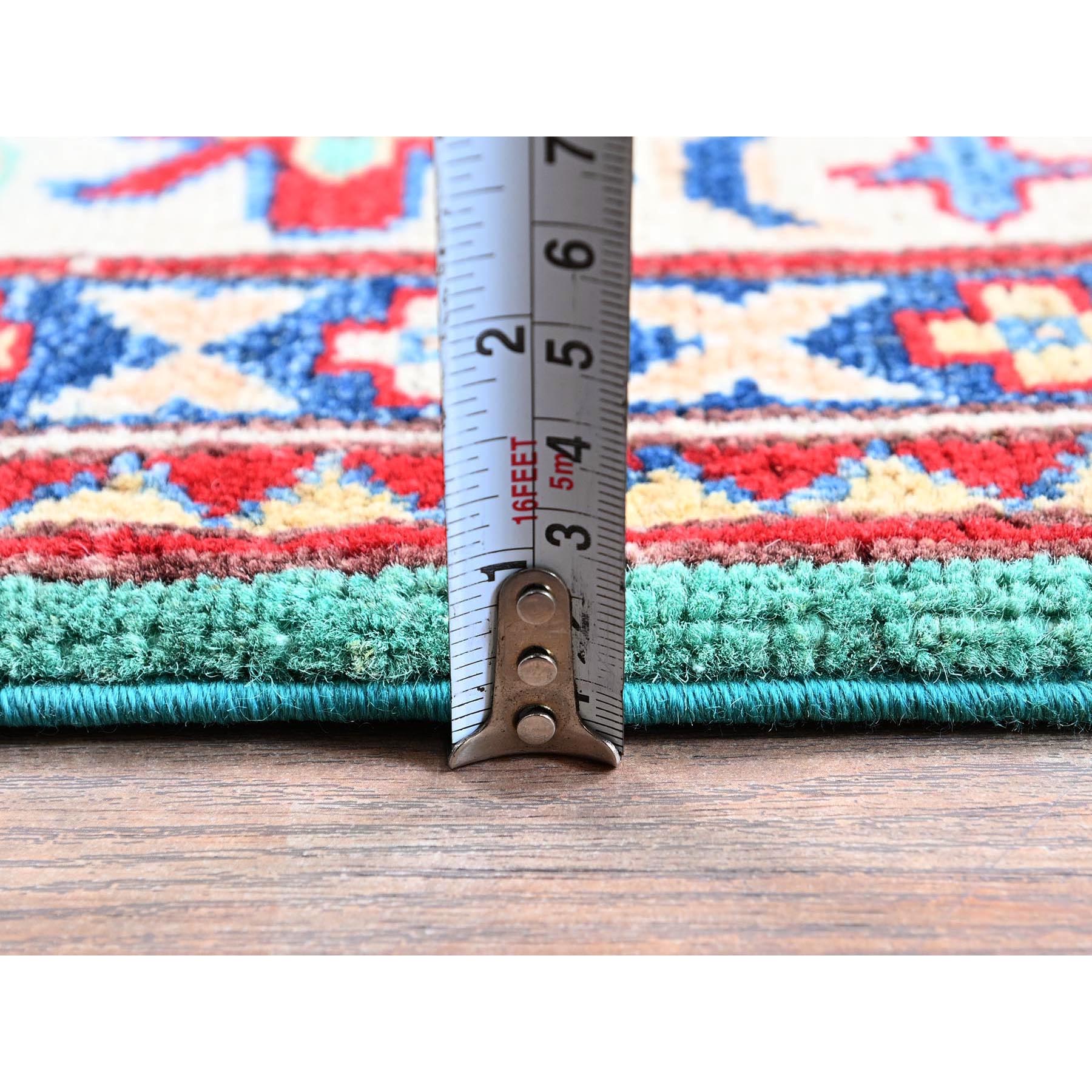 4'x5'10" Aqua Green, Kazak with Tribal Medallions Design, Vegetable Dyes, Denser Weave, Soft and Vibrant Wool, Hand Knotted, Oriental Rug Sh355