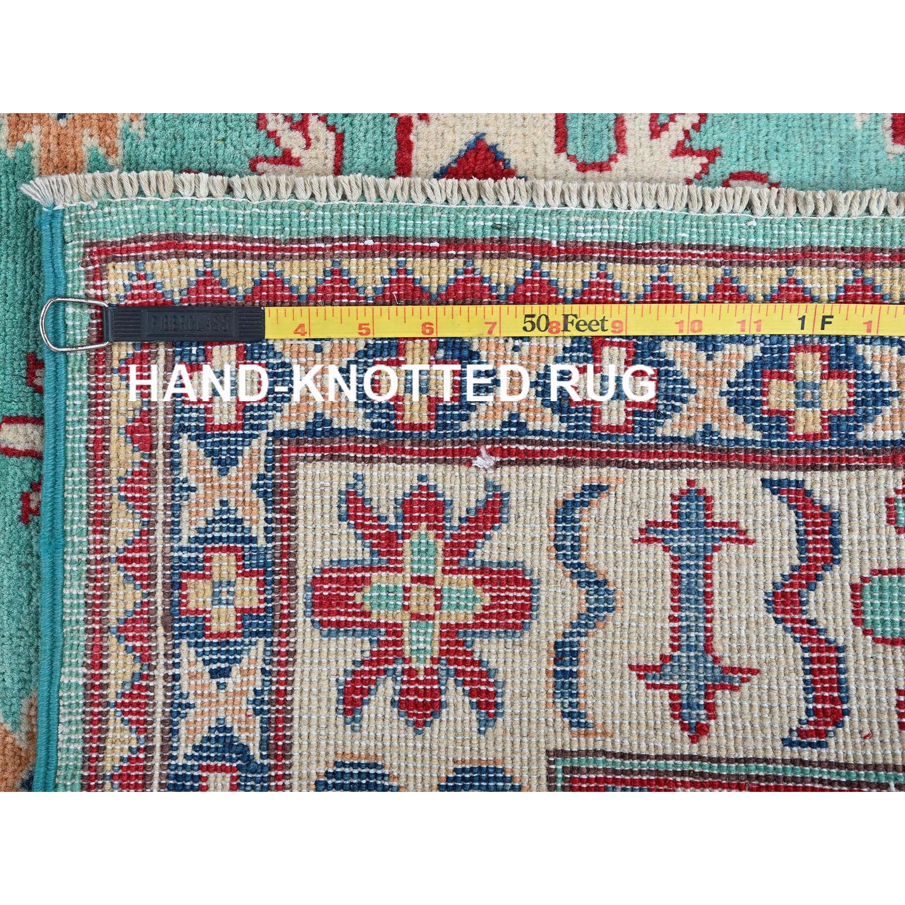 4'x5'10" Aqua Green, Kazak with Tribal Medallions Design, Vegetable Dyes, Denser Weave, Soft and Vibrant Wool, Hand Knotted, Oriental Rug Sh355