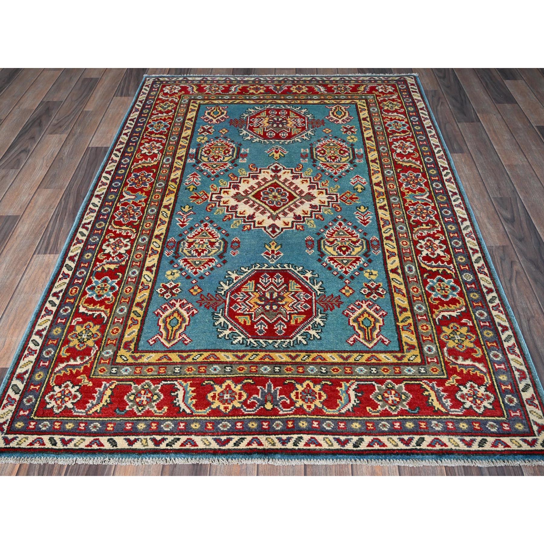 4'1"x5'10" Aquamarine Blue, Kazak with Geometric Medallions Design, Vegetable Dyes, Denser Weave, Hand Knotted, Soft and Vibrant Wool, Oriental Rug Sh356