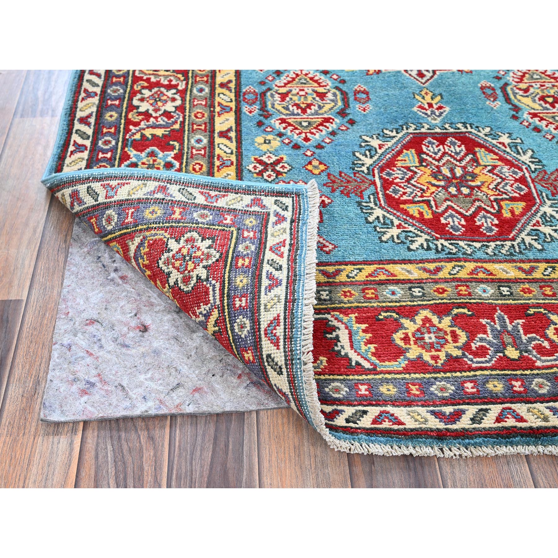 4'1"x5'10" Aquamarine Blue, Kazak with Geometric Medallions Design, Vegetable Dyes, Denser Weave, Hand Knotted, Soft and Vibrant Wool, Oriental Rug Sh356