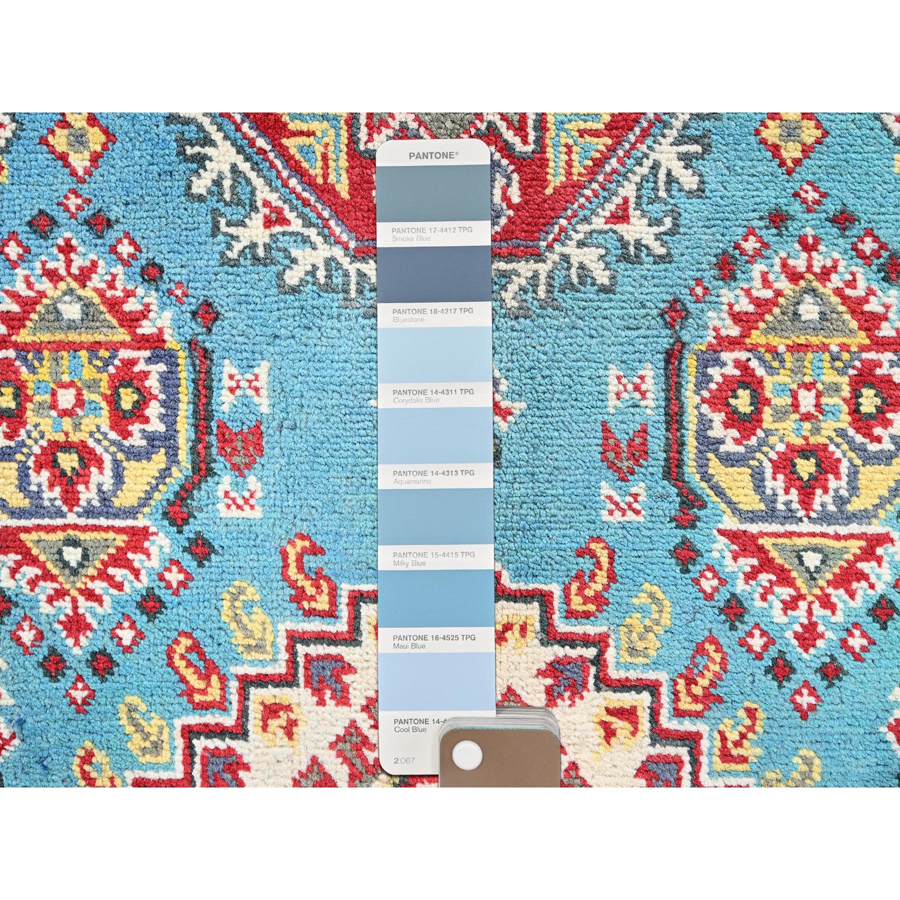 4'1"x5'10" Aquamarine Blue, Kazak with Geometric Medallions Design, Vegetable Dyes, Denser Weave, Hand Knotted, Soft and Vibrant Wool, Oriental Rug Sh356