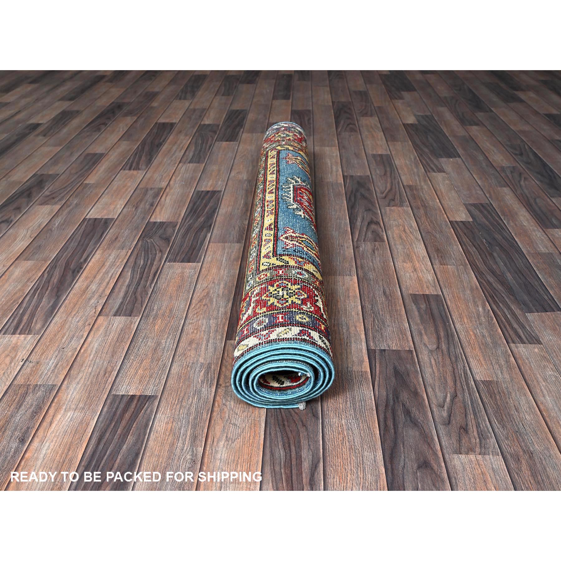 4'1"x5'10" Aquamarine Blue, Kazak with Geometric Medallions Design, Vegetable Dyes, Denser Weave, Hand Knotted, Soft and Vibrant Wool, Oriental Rug Sh356