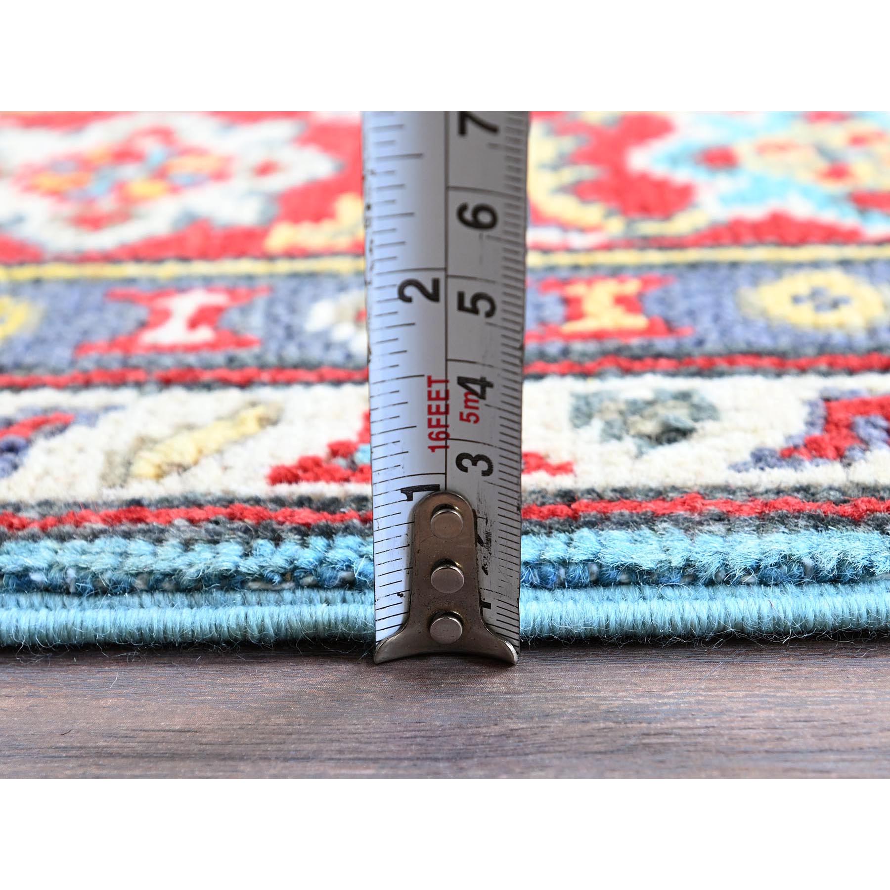 4'1"x5'10" Aquamarine Blue, Kazak with Geometric Medallions Design, Vegetable Dyes, Denser Weave, Hand Knotted, Soft and Vibrant Wool, Oriental Rug Sh356