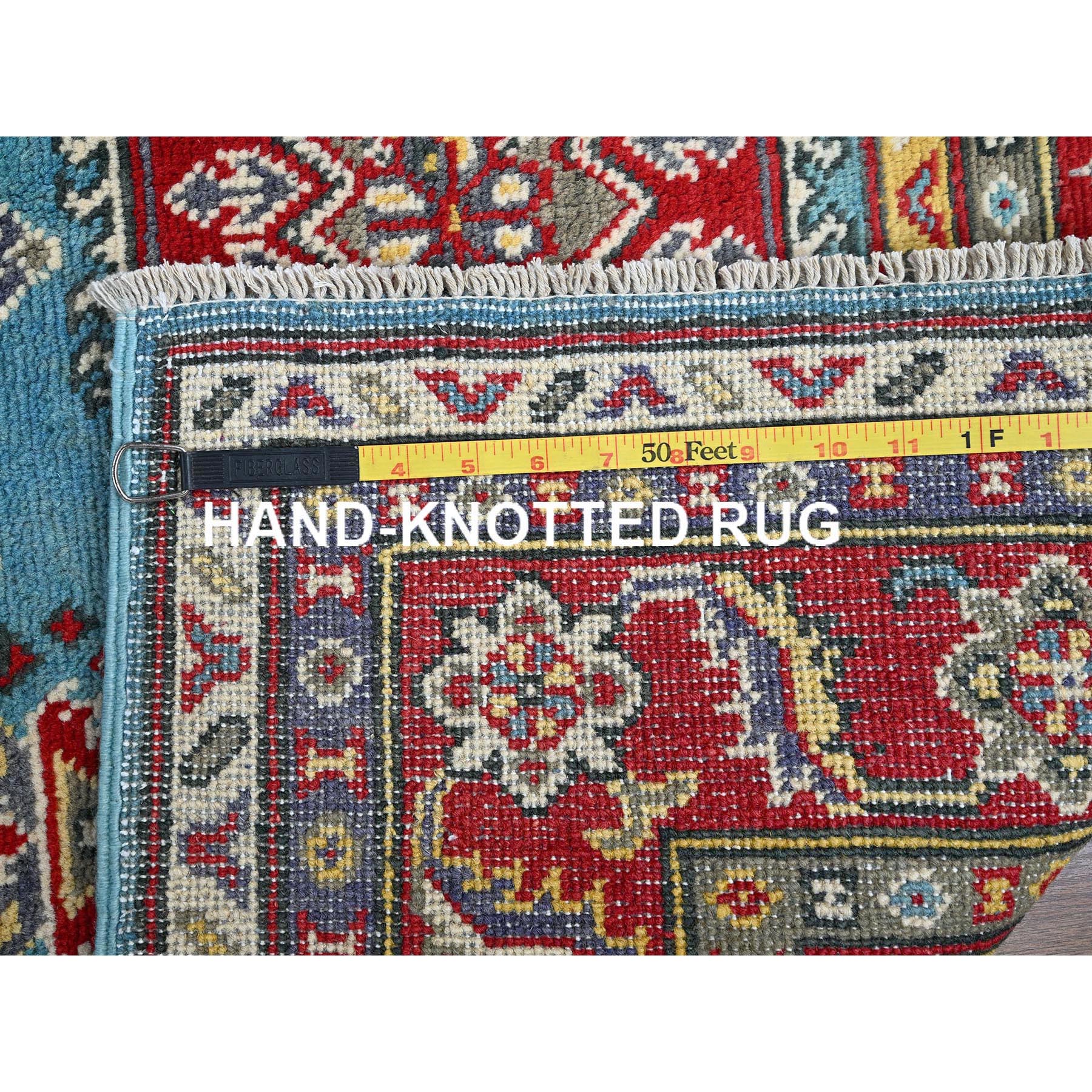 4'1"x5'10" Aquamarine Blue, Kazak with Geometric Medallions Design, Vegetable Dyes, Denser Weave, Hand Knotted, Soft and Vibrant Wool, Oriental Rug Sh356