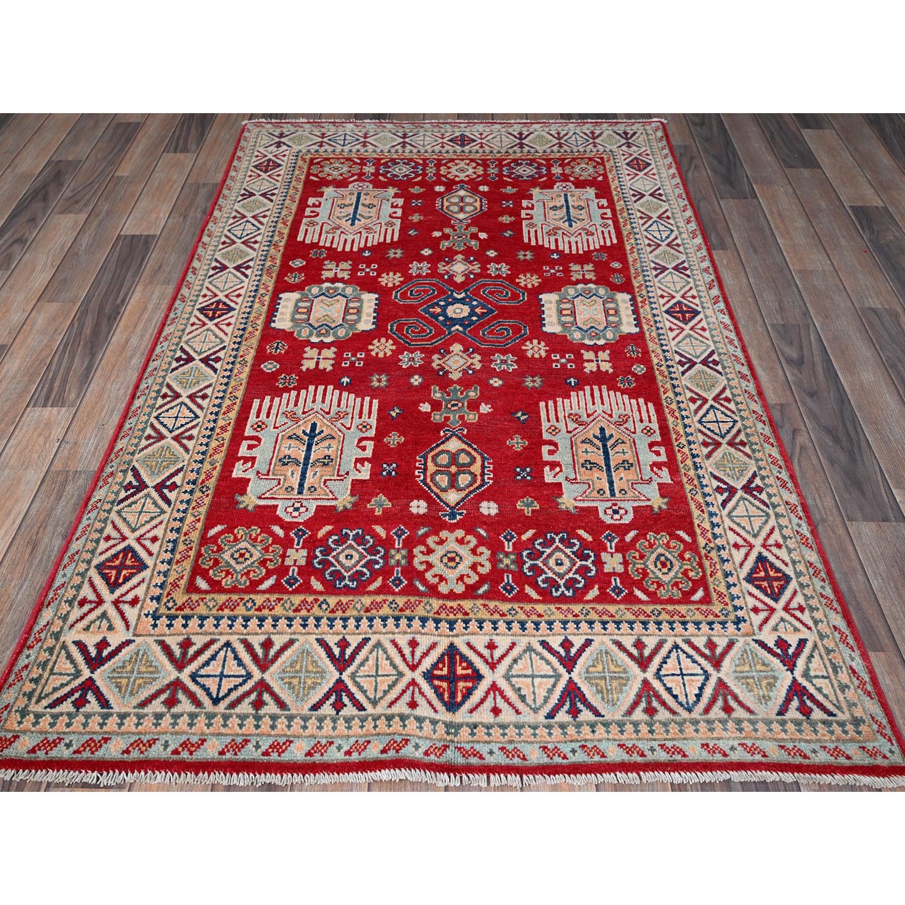 3'10"x5'10" Arsenal Red, Kazak with All Over Tribal Motifs, Hand Knotted, Vegetable Dyes, Denser Weave, Pure Wool, Oriental Rug Sh357