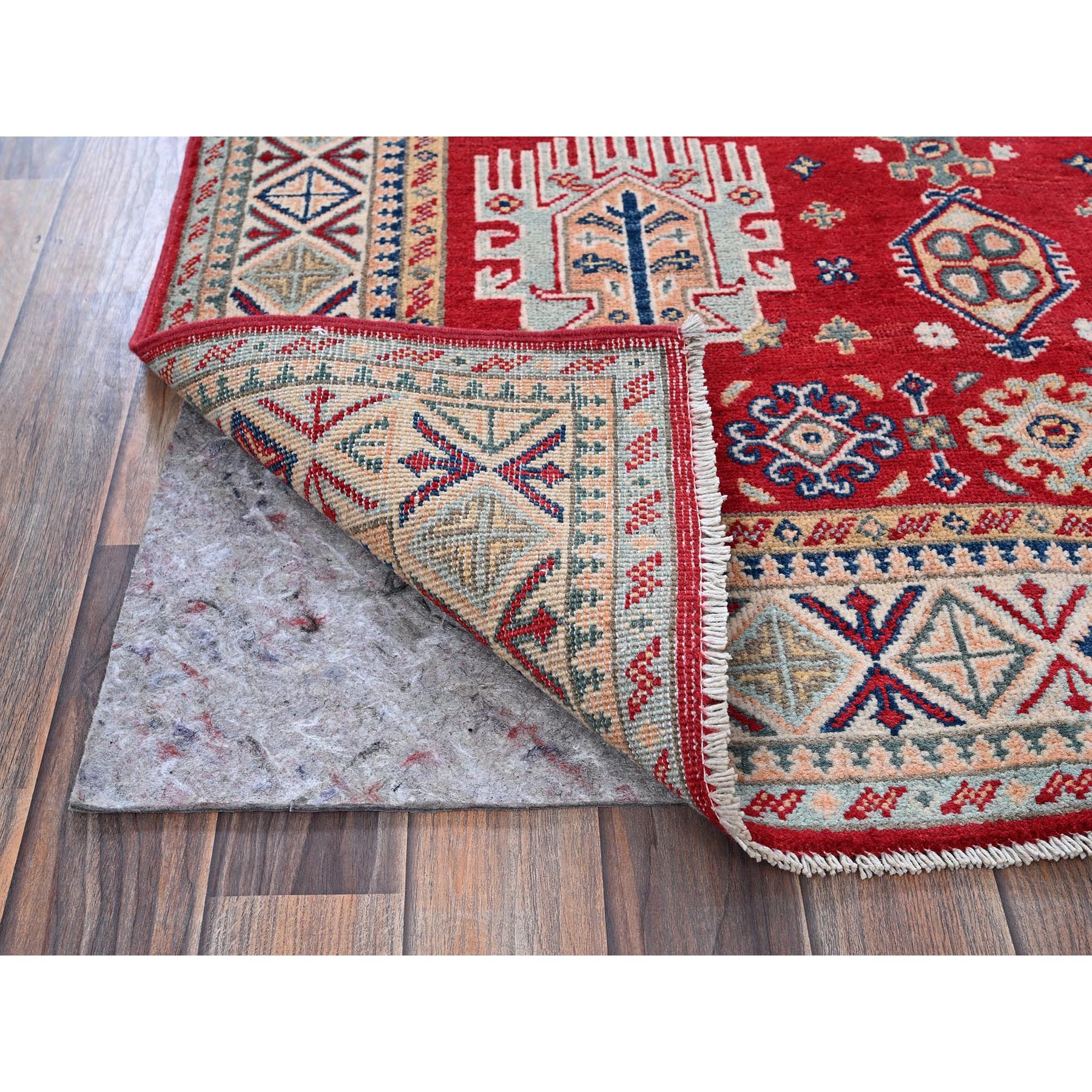 3'10"x5'10" Arsenal Red, Kazak with All Over Tribal Motifs, Hand Knotted, Vegetable Dyes, Denser Weave, Pure Wool, Oriental Rug Sh357