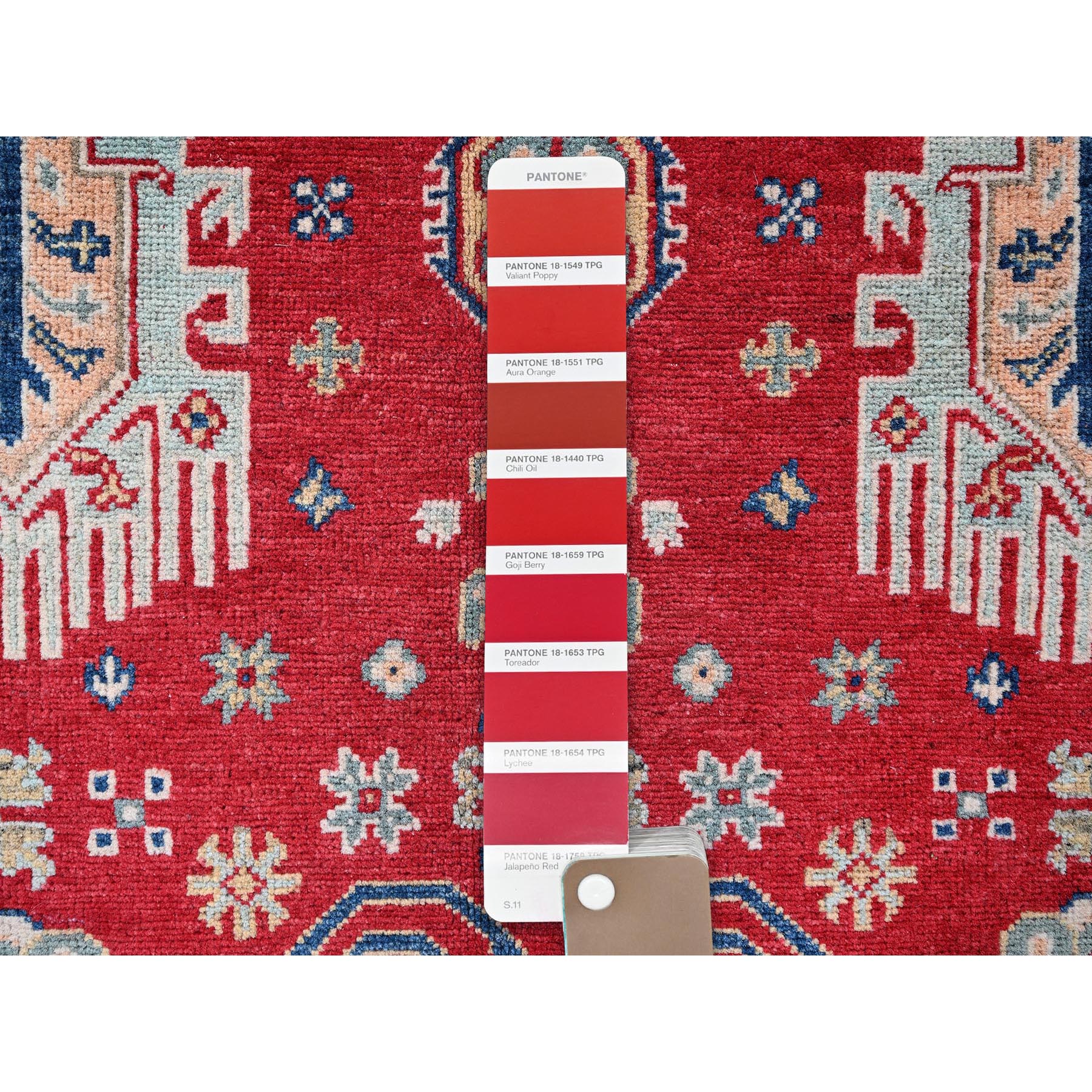 3'10"x5'10" Arsenal Red, Kazak with All Over Tribal Motifs, Hand Knotted, Vegetable Dyes, Denser Weave, Pure Wool, Oriental Rug Sh357