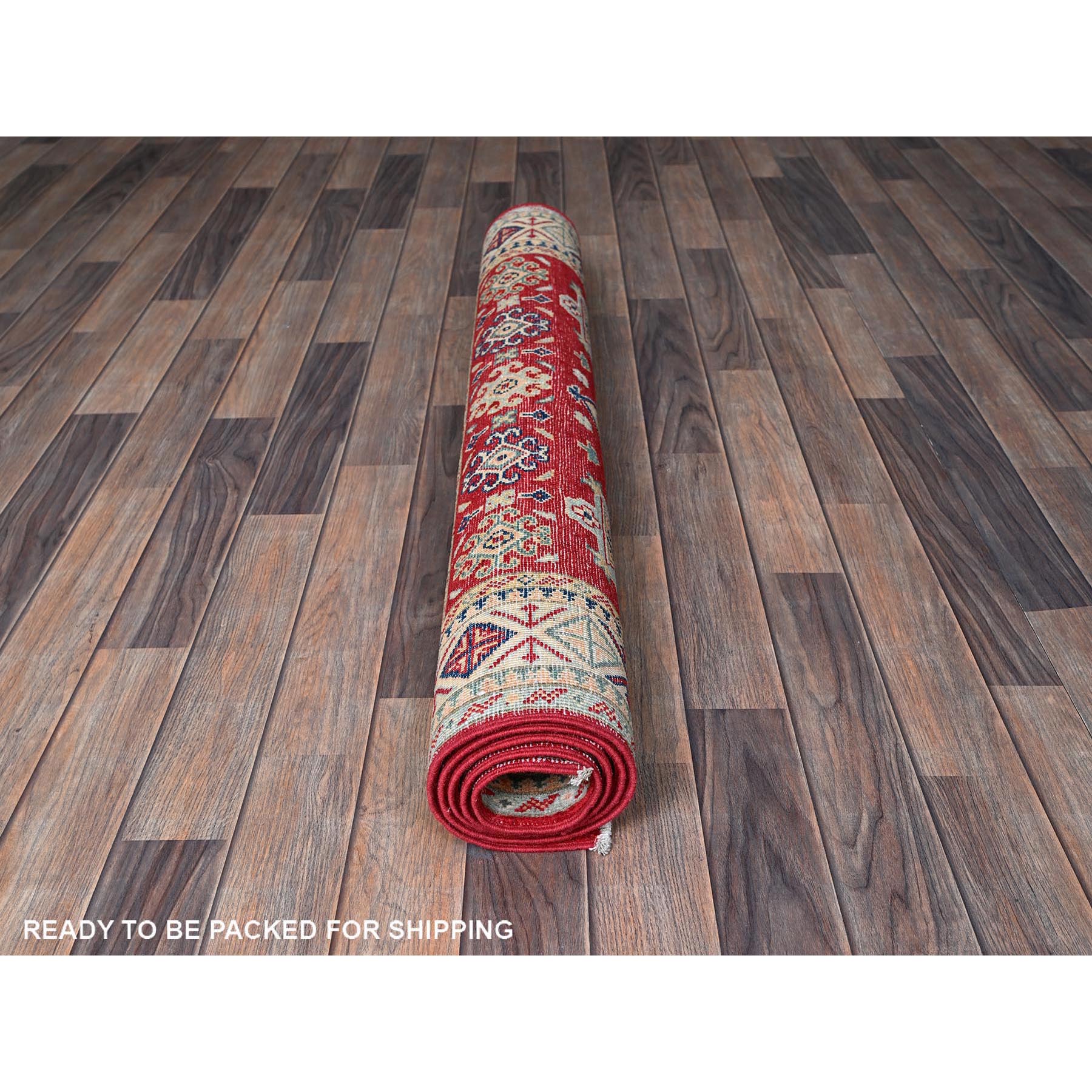 3'10"x5'10" Arsenal Red, Kazak with All Over Tribal Motifs, Hand Knotted, Vegetable Dyes, Denser Weave, Pure Wool, Oriental Rug Sh357