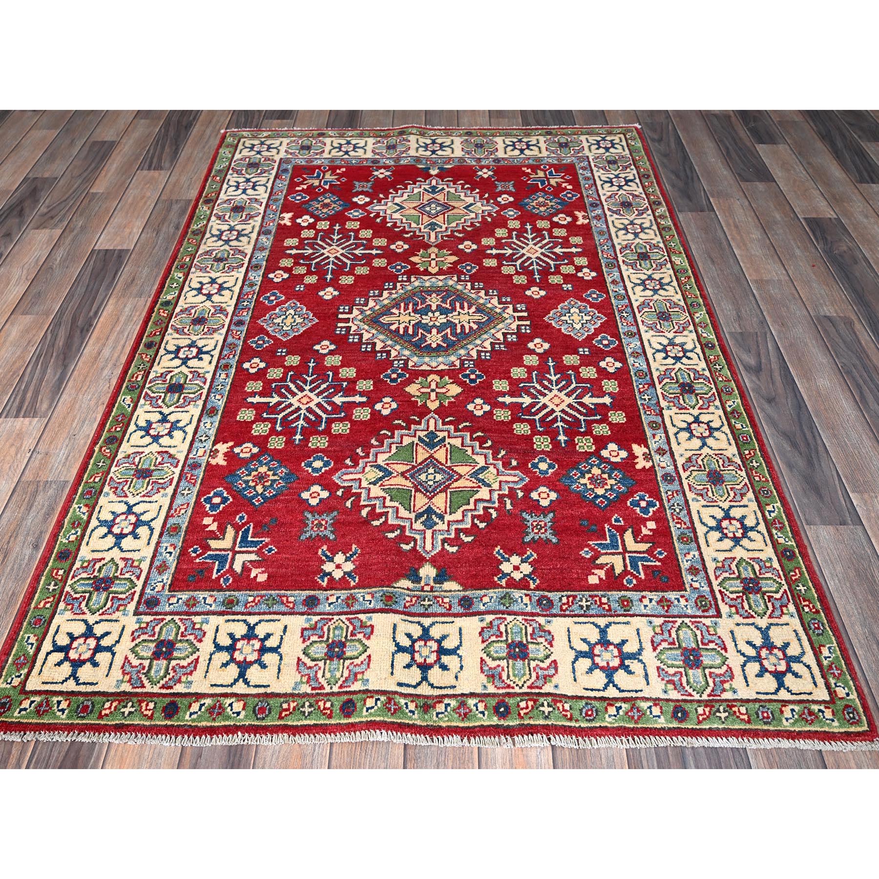 4'x6' Crimson Red, Kazak with All Over Tribal Motifs, Vegetable Dyes, Hand Knotted, Denser Weave, Pure Wool, Oriental Rug Sh358