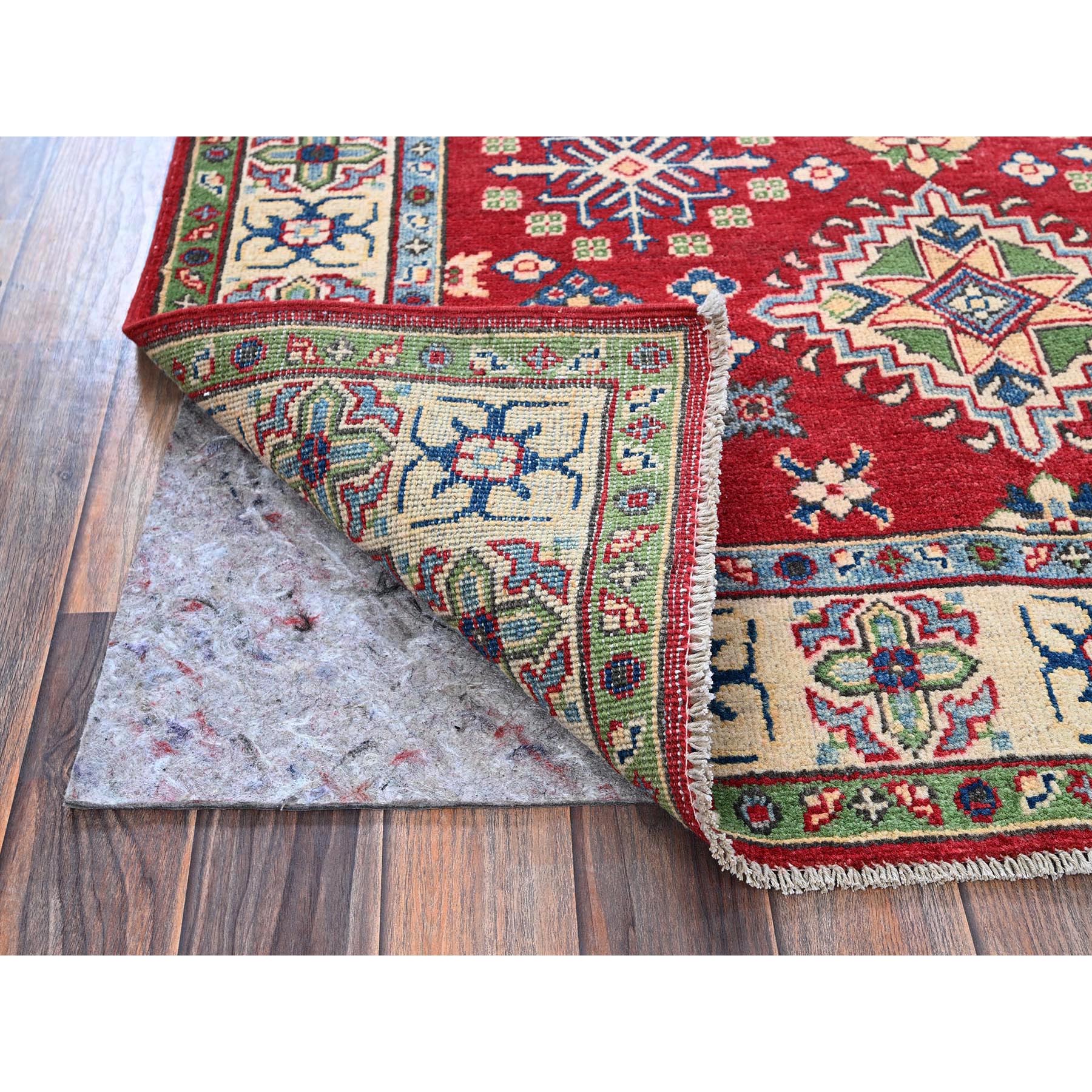 4'x6' Crimson Red, Kazak with All Over Tribal Motifs, Vegetable Dyes, Hand Knotted, Denser Weave, Pure Wool, Oriental Rug Sh358