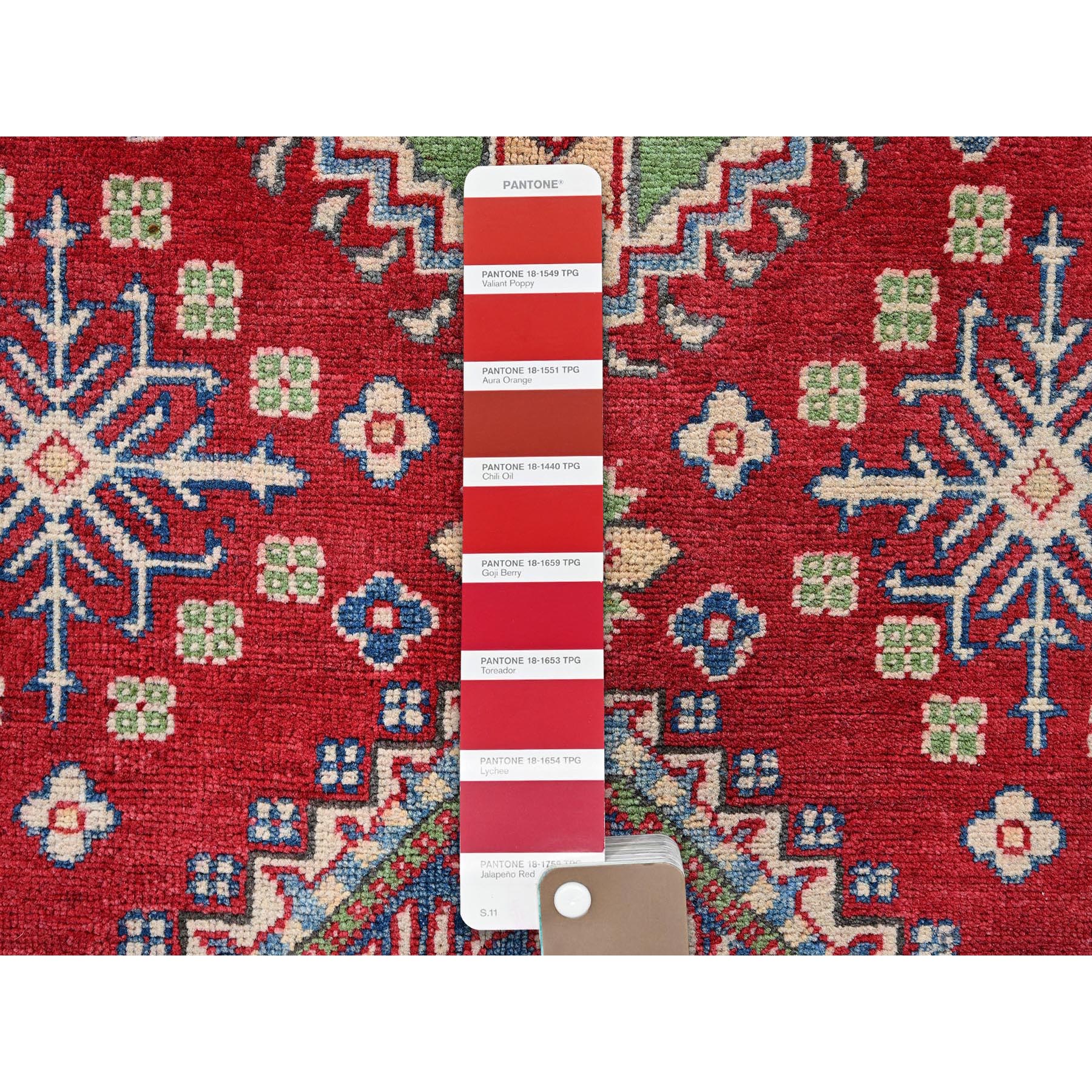 4'x6' Crimson Red, Kazak with All Over Tribal Motifs, Vegetable Dyes, Hand Knotted, Denser Weave, Pure Wool, Oriental Rug Sh358
