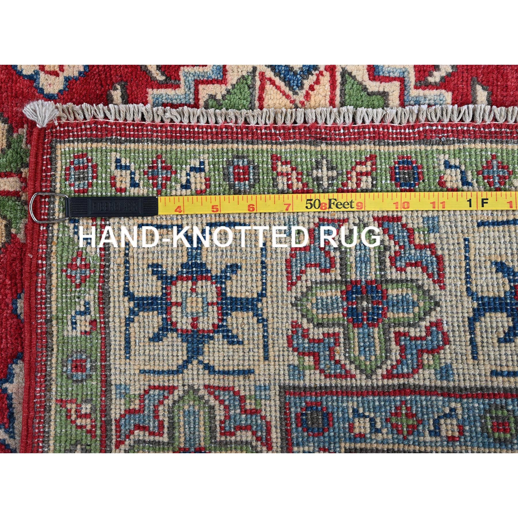 4'x6' Crimson Red, Kazak with All Over Tribal Motifs, Vegetable Dyes, Hand Knotted, Denser Weave, Pure Wool, Oriental Rug Sh358