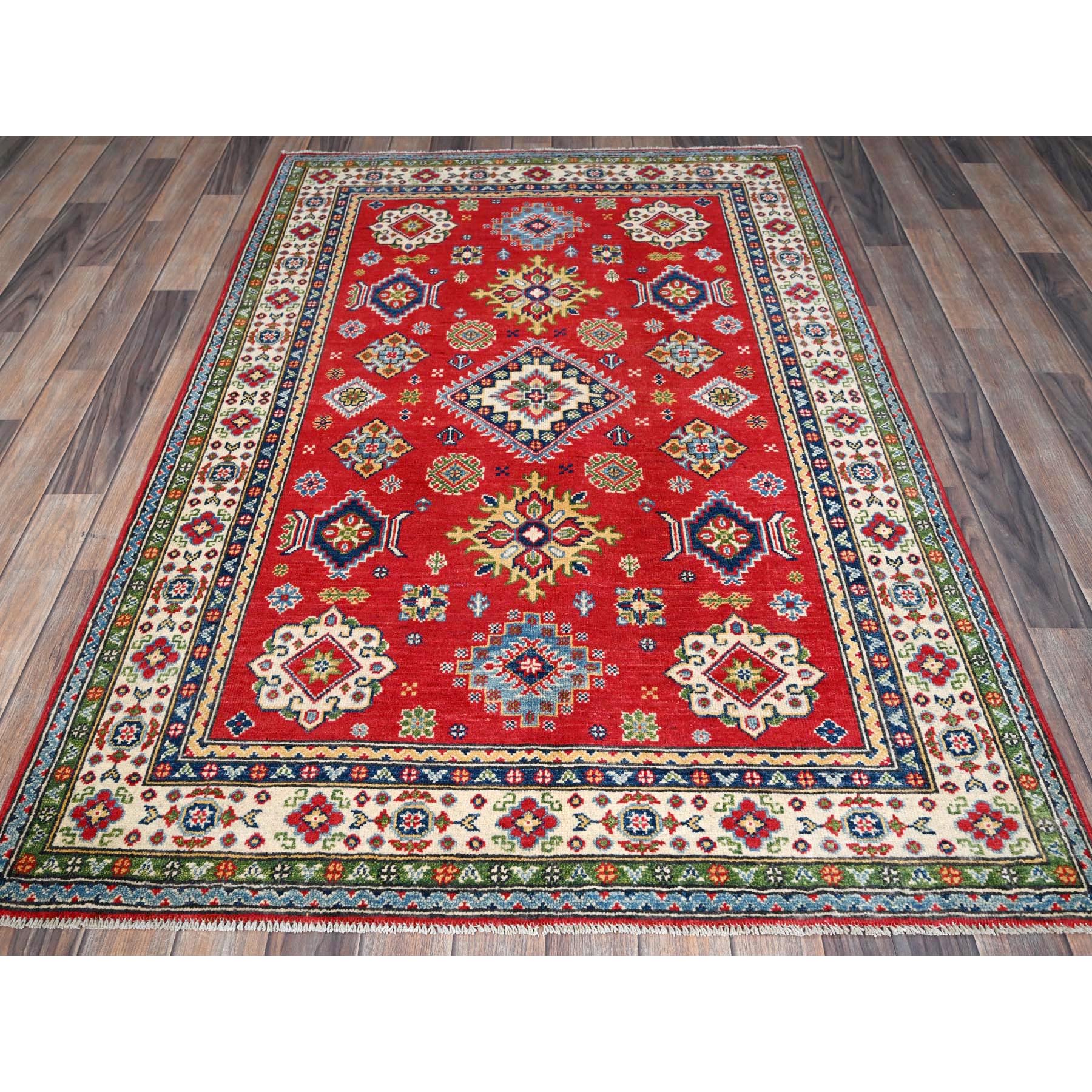 4'x6' Imperial Red, Kazak with Geometric Design, Vegetable Dyes, Hand Knotted, Denser Weave, Soft and Vibrant Wool, Oriental Rug Sh359