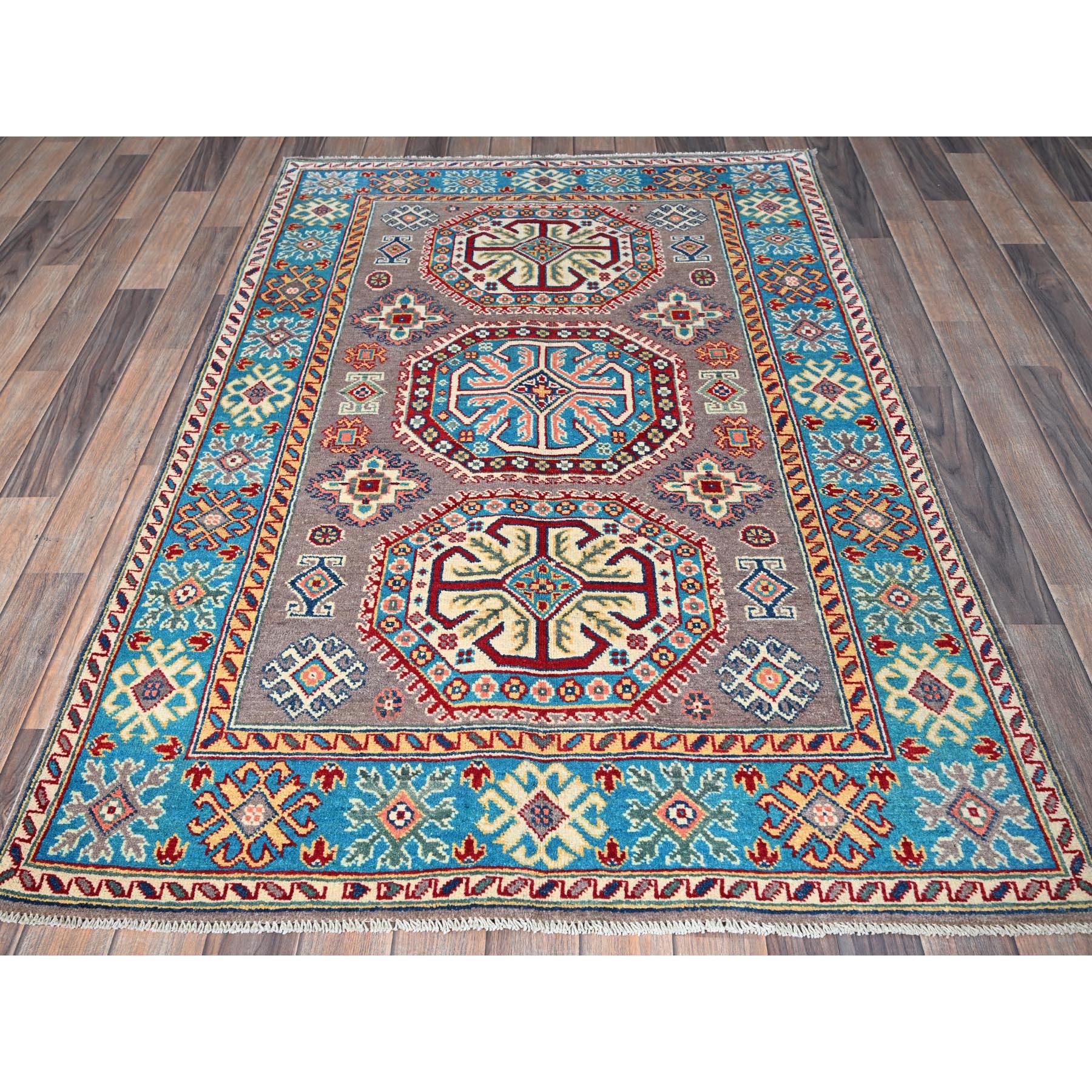 4'x5'9" Dove Gray, Hand Knotted, Kazak with Geometric Medallions Design, Vegetable Dyes, Denser Weave, Soft and Shiny Wool, Oriental Rug Sh360