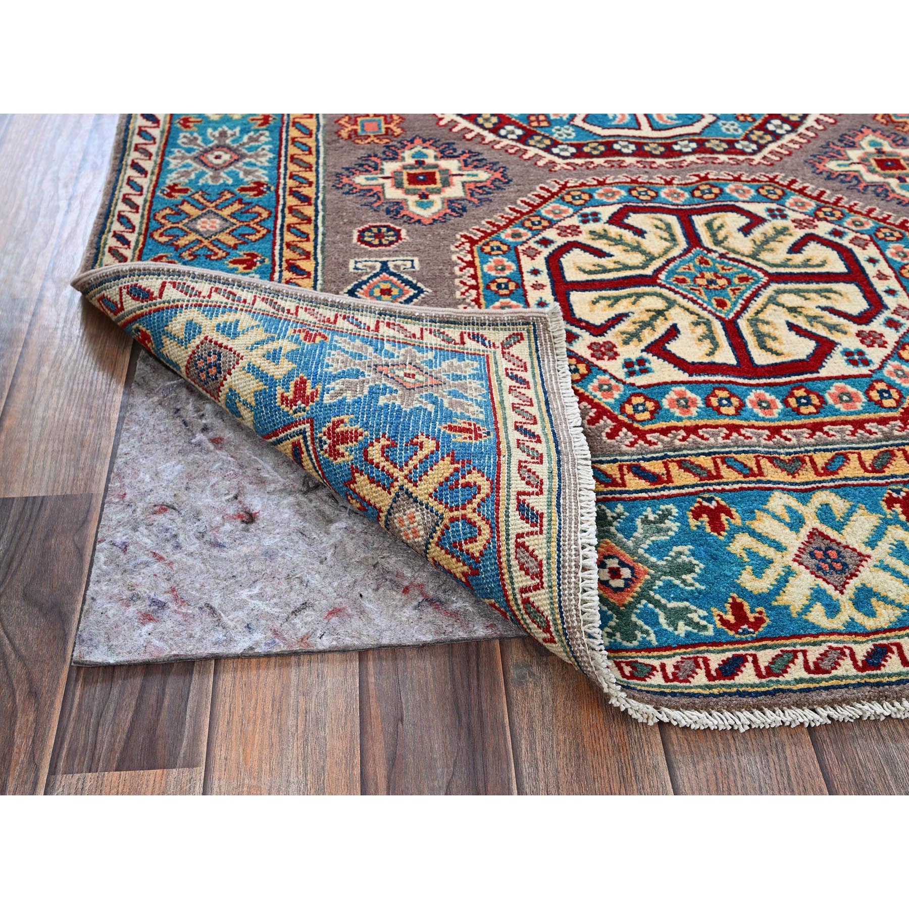 4'x5'9" Dove Gray, Hand Knotted, Kazak with Geometric Medallions Design, Vegetable Dyes, Denser Weave, Soft and Shiny Wool, Oriental Rug Sh360