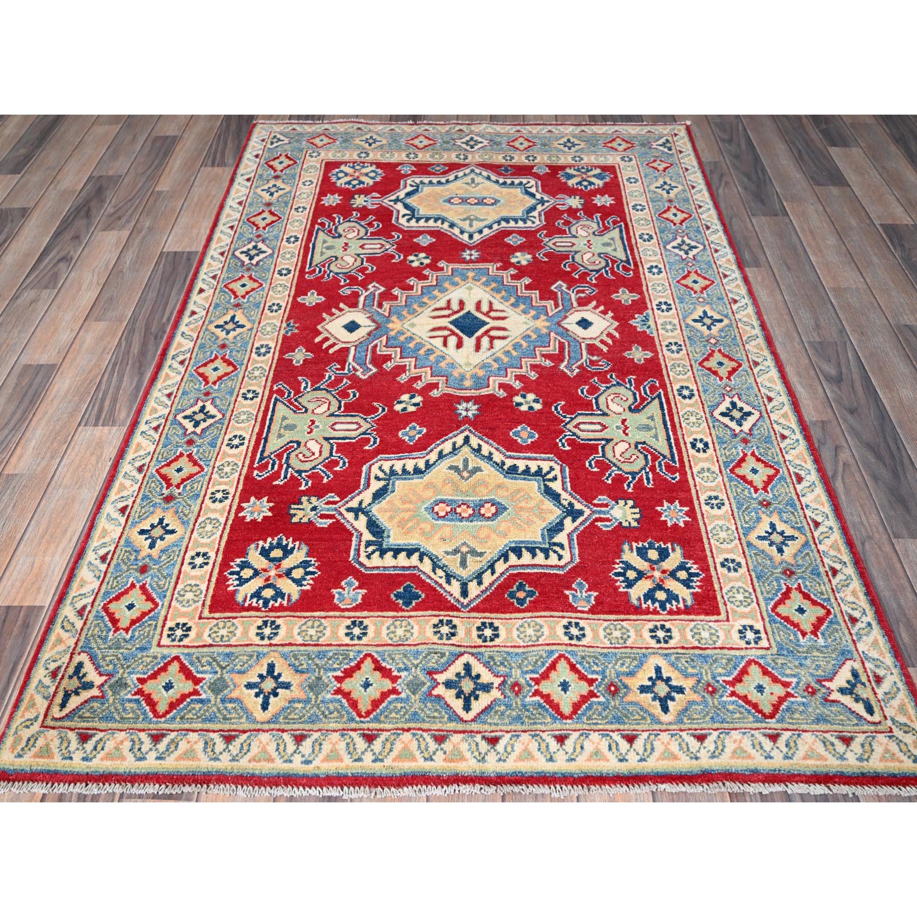 4'1"x6'1" Berry Red, Kazak with Geometric Medallions Design, Vegetable Dyes, Hand Knotted, Denser Weave, Soft and Vibrant Wool, Oriental Rug Sh361