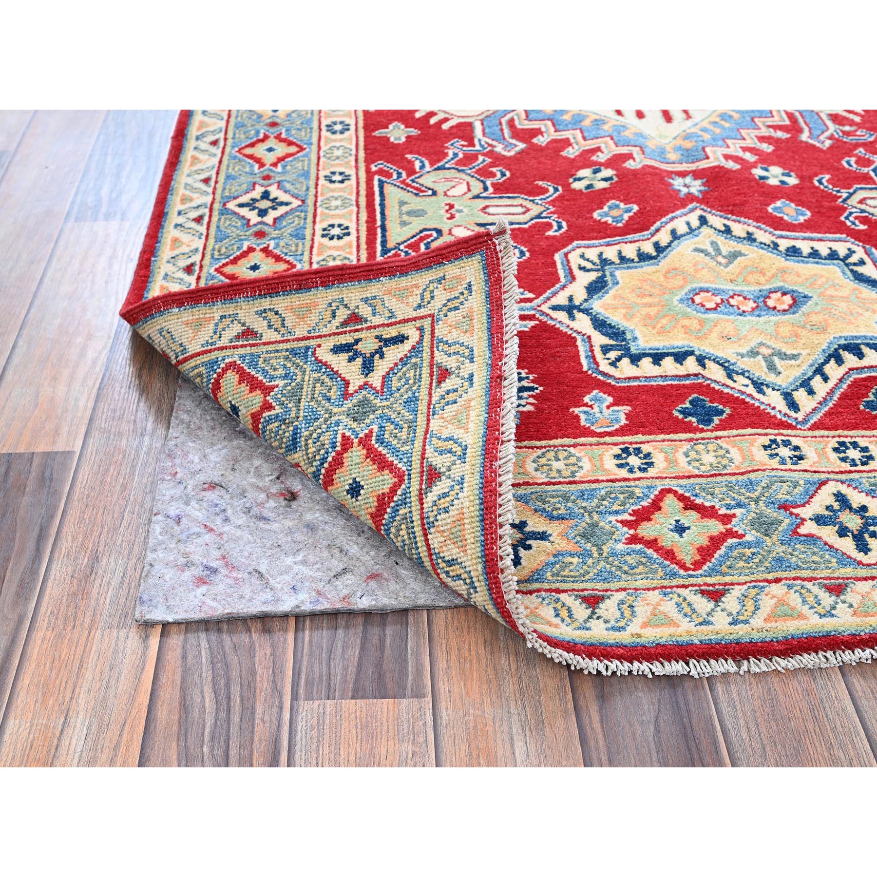 4'1"x6'1" Berry Red, Kazak with Geometric Medallions Design, Vegetable Dyes, Hand Knotted, Denser Weave, Soft and Vibrant Wool, Oriental Rug Sh361