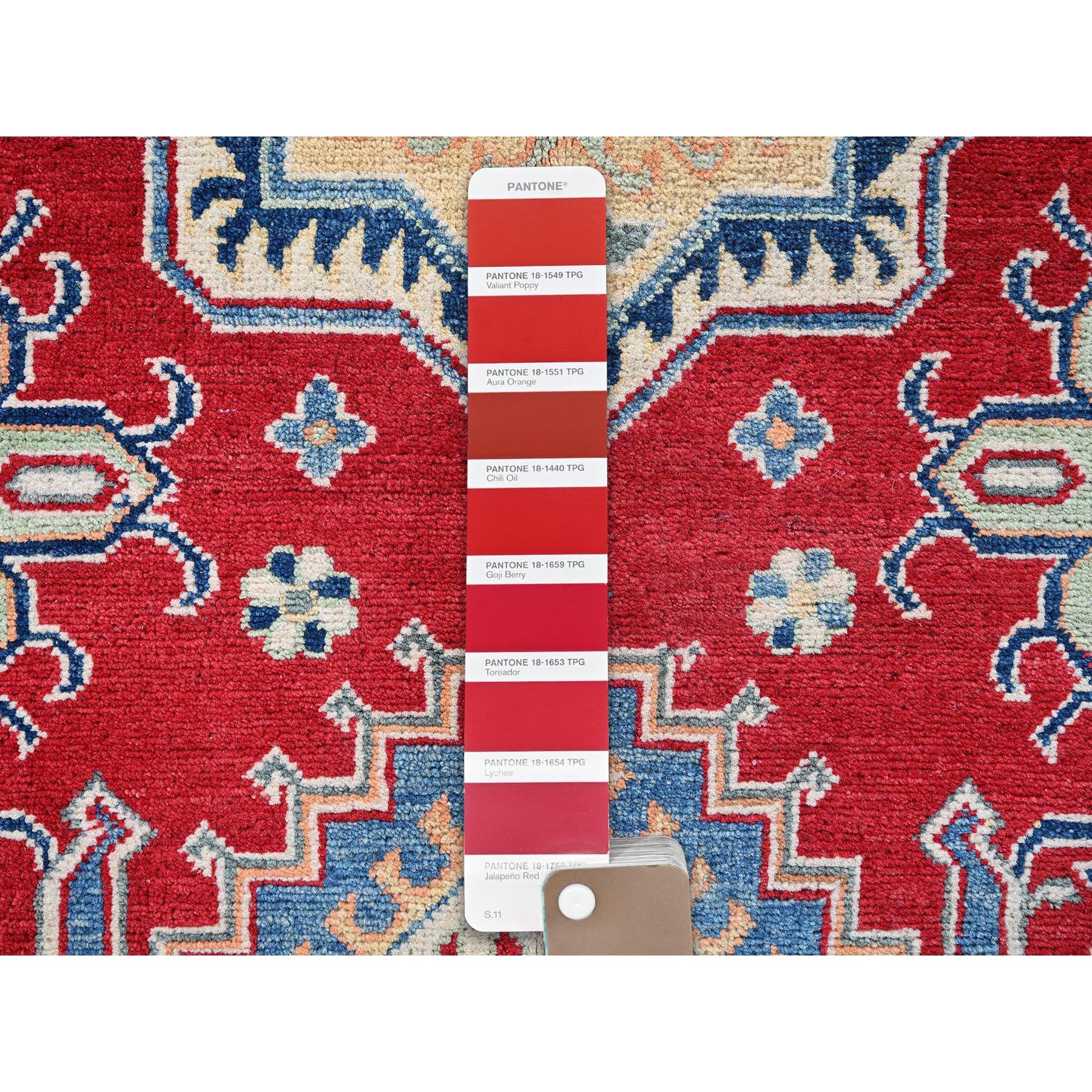 4'1"x6'1" Berry Red, Kazak with Geometric Medallions Design, Vegetable Dyes, Hand Knotted, Denser Weave, Soft and Vibrant Wool, Oriental Rug Sh361