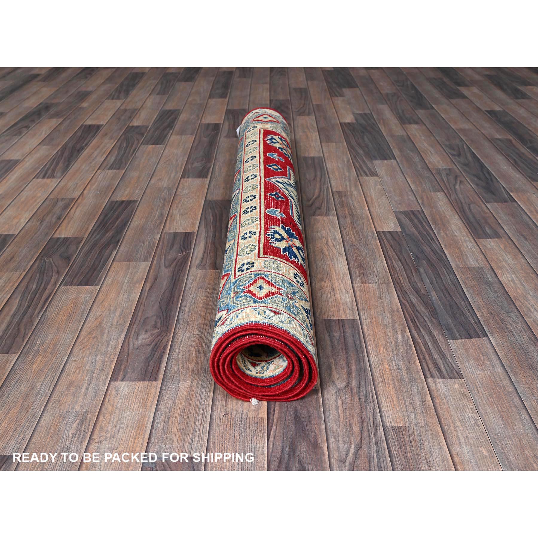 4'1"x6'1" Berry Red, Kazak with Geometric Medallions Design, Vegetable Dyes, Hand Knotted, Denser Weave, Soft and Vibrant Wool, Oriental Rug Sh361