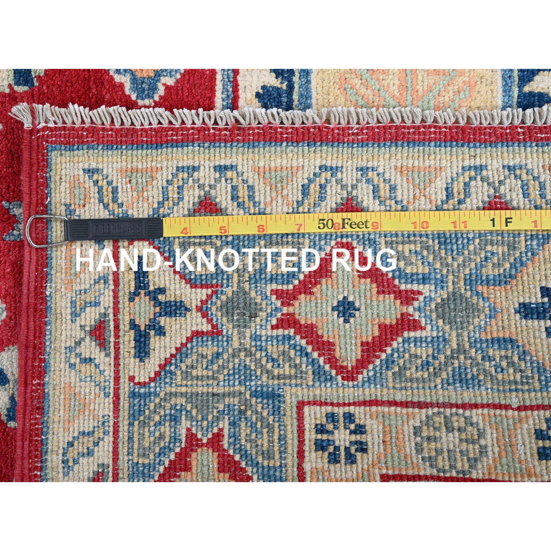 4'1"x6'1" Berry Red, Kazak with Geometric Medallions Design, Vegetable Dyes, Hand Knotted, Denser Weave, Soft and Vibrant Wool, Oriental Rug Sh361