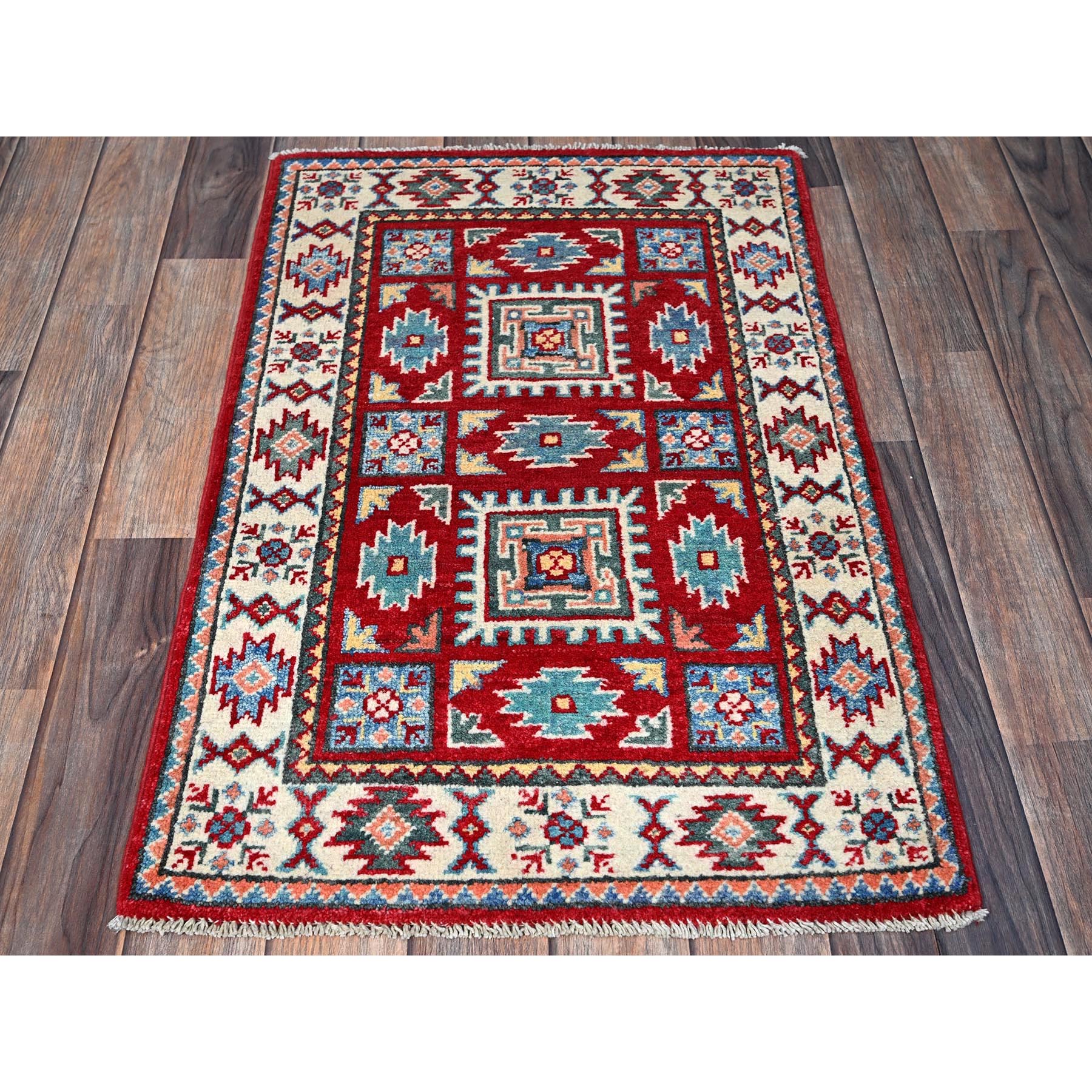 2'x3' Berry Red, Kazak with Geometric Pattern, Soft and Shiny Wool, Vegetable Dyes, Hand Knotted, Denser Weave, Sample, Mat, Oriental Rug Sh362