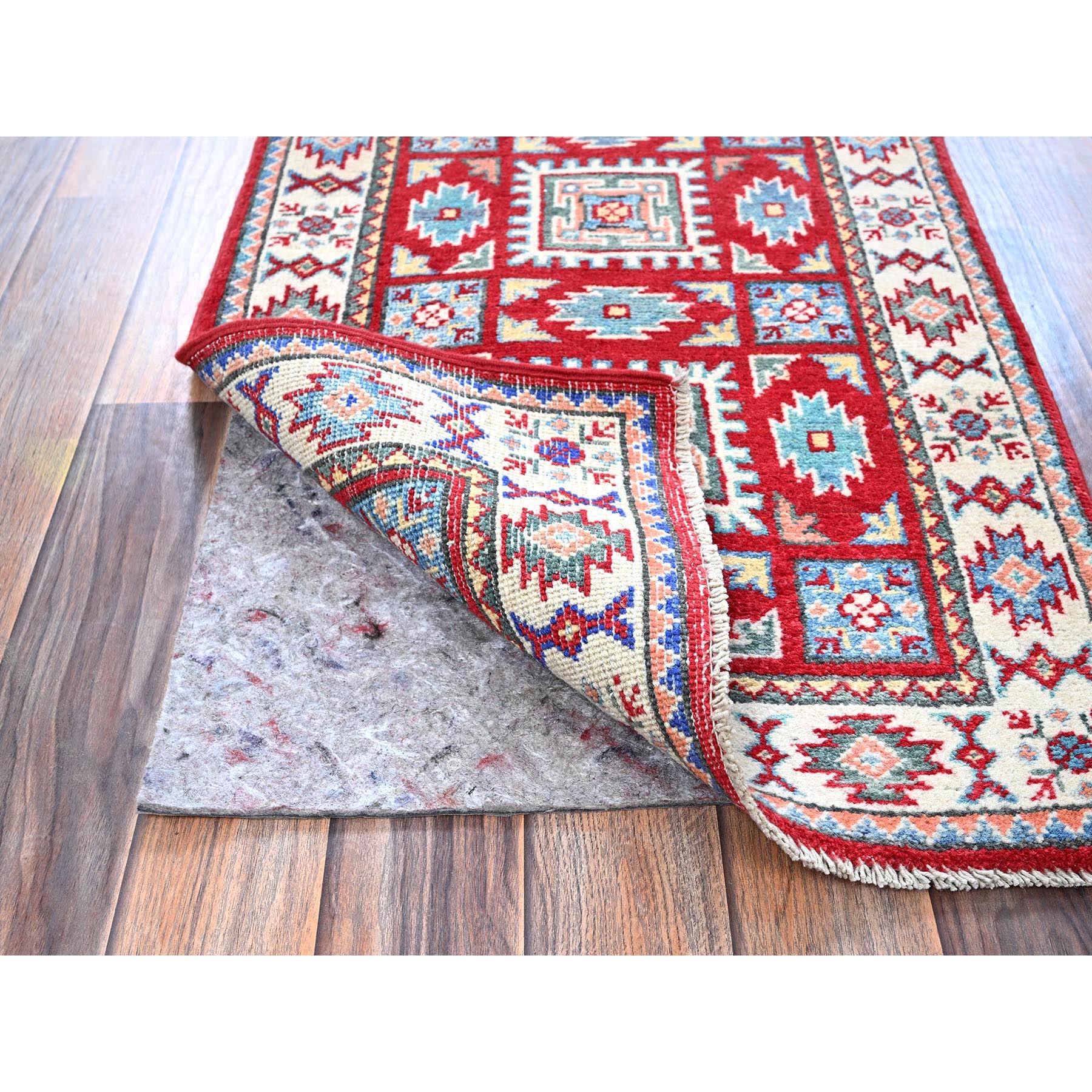 2'x3' Berry Red, Kazak with Geometric Pattern, Soft and Shiny Wool, Vegetable Dyes, Hand Knotted, Denser Weave, Sample, Mat, Oriental Rug Sh362