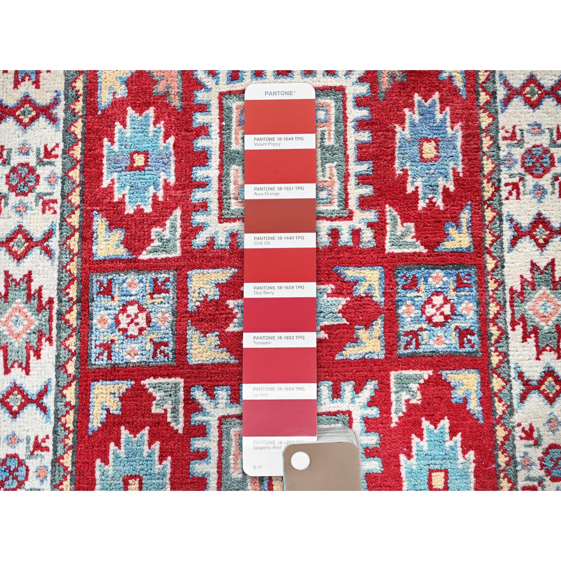 2'x3' Berry Red, Kazak with Geometric Pattern, Soft and Shiny Wool, Vegetable Dyes, Hand Knotted, Denser Weave, Sample, Mat, Oriental Rug Sh362