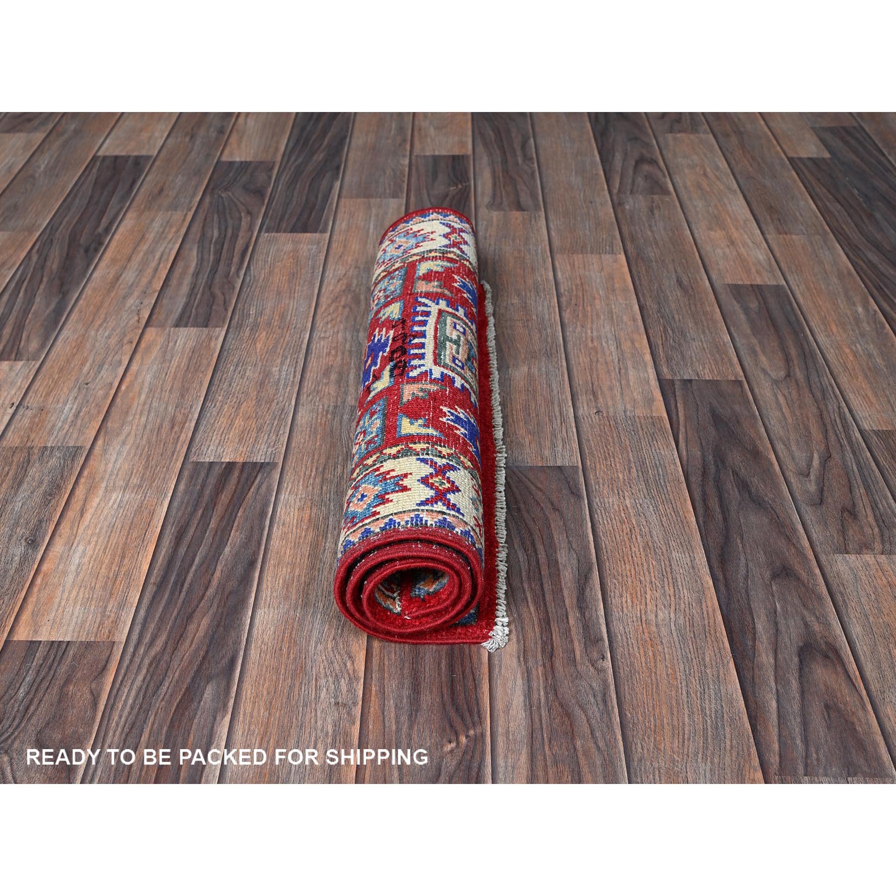 2'x3' Berry Red, Kazak with Geometric Pattern, Soft and Shiny Wool, Vegetable Dyes, Hand Knotted, Denser Weave, Sample, Mat, Oriental Rug Sh362