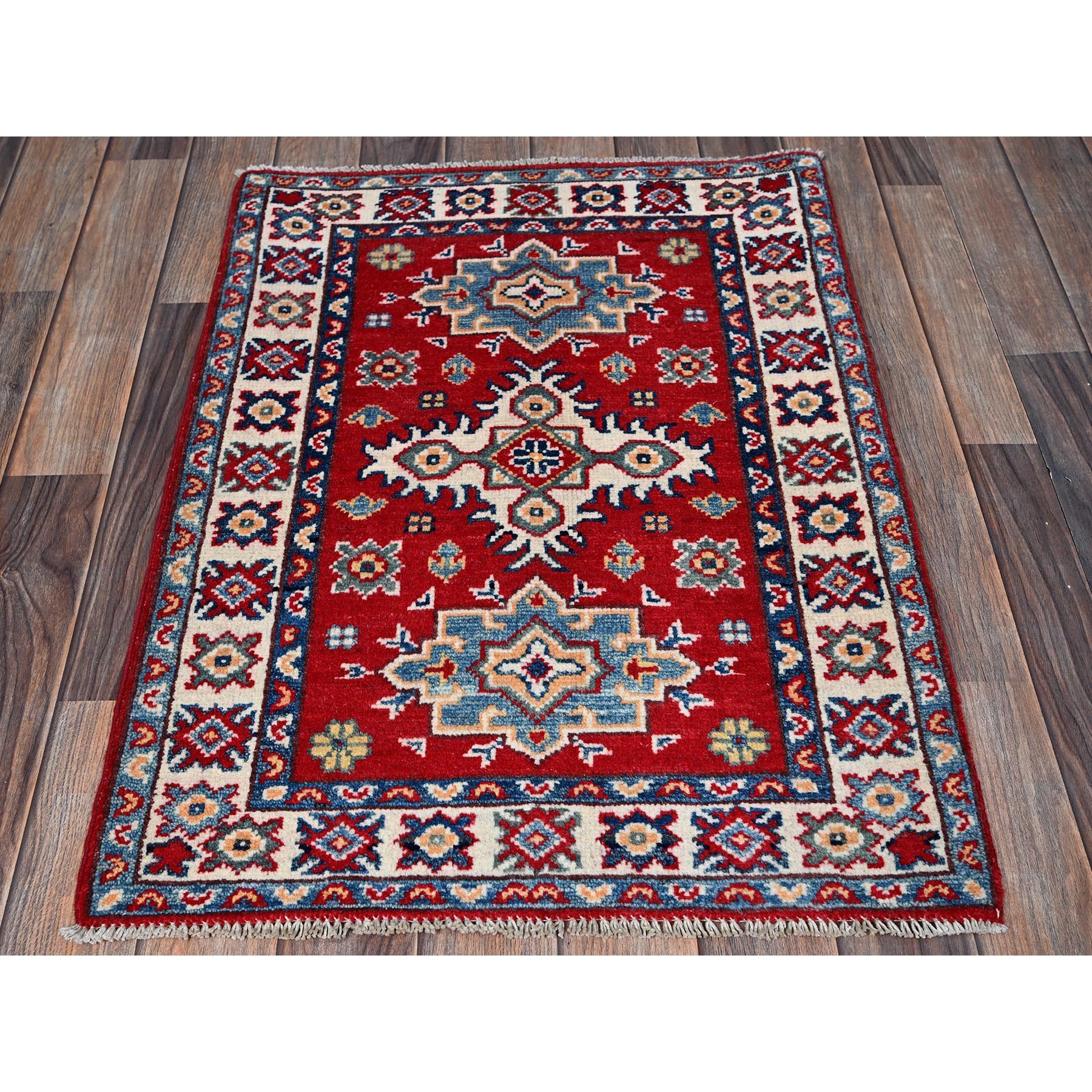 2'2"x3' Crimson Red, Kazak with Geometric Pattern, Soft and Vibrant Wool, Vegetable Dyes, Hand Knotted, Denser Weave, Sample, Mat, Oriental Rug Sh363
