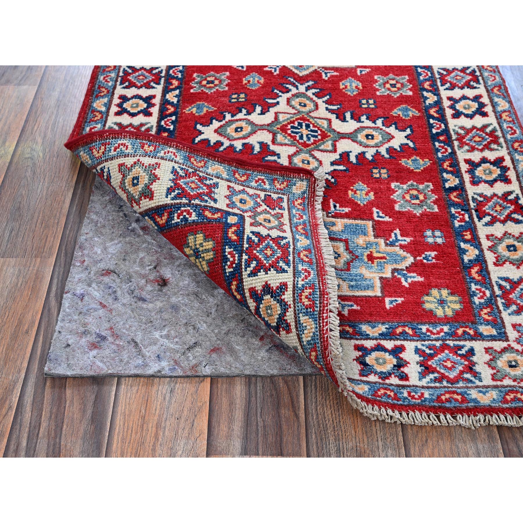 2'2"x3' Crimson Red, Kazak with Geometric Pattern, Soft and Vibrant Wool, Vegetable Dyes, Hand Knotted, Denser Weave, Sample, Mat, Oriental Rug Sh363
