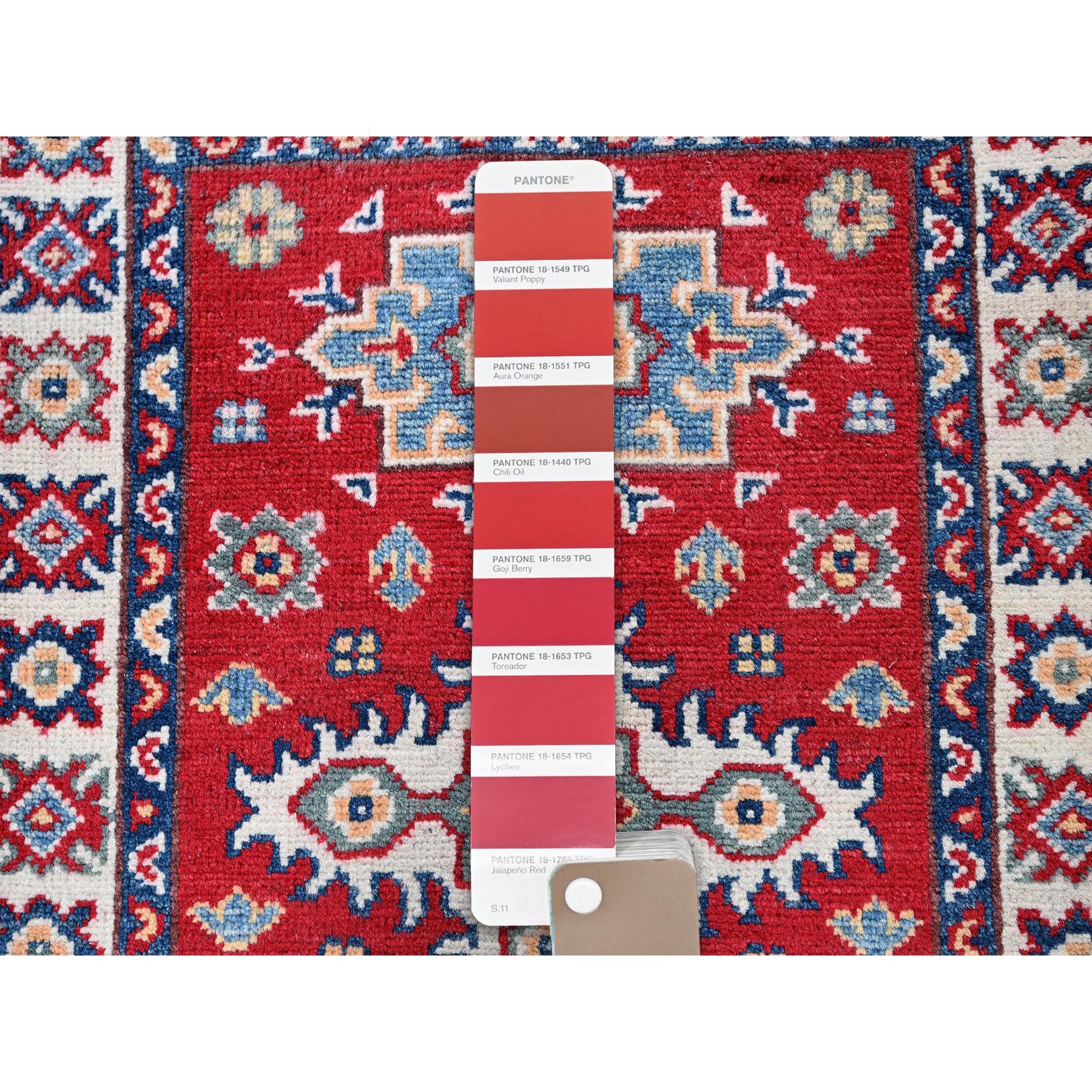 2'2"x3' Crimson Red, Kazak with Geometric Pattern, Soft and Vibrant Wool, Vegetable Dyes, Hand Knotted, Denser Weave, Sample, Mat, Oriental Rug Sh363