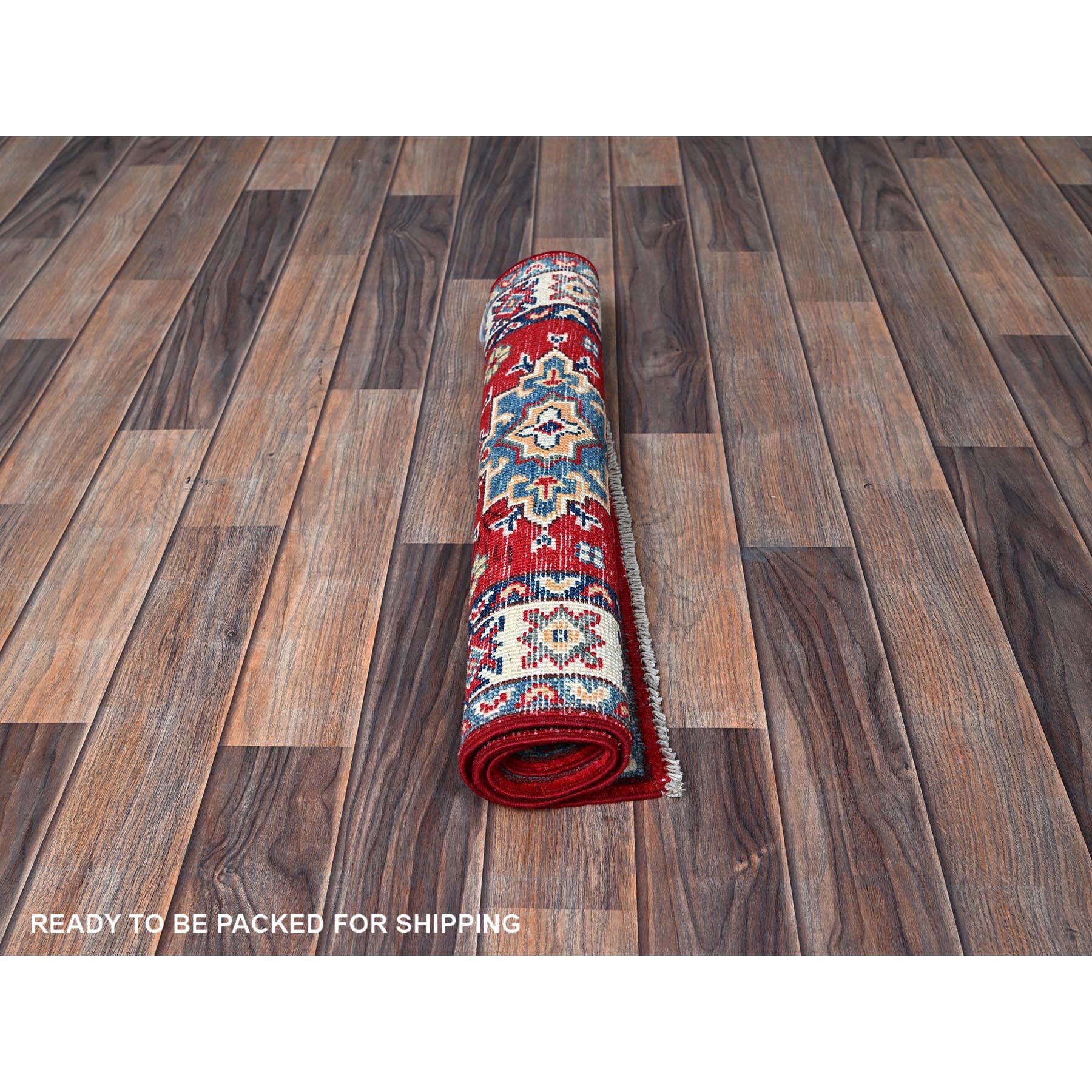 2'2"x3' Crimson Red, Kazak with Geometric Pattern, Soft and Vibrant Wool, Vegetable Dyes, Hand Knotted, Denser Weave, Sample, Mat, Oriental Rug Sh363