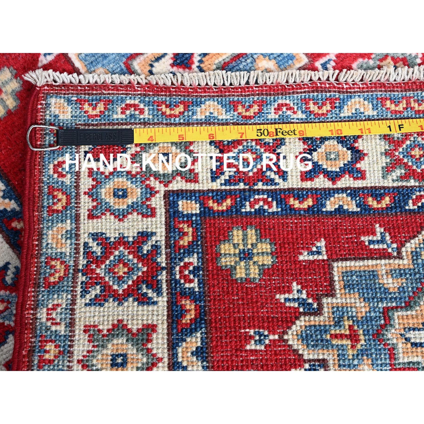 2'2"x3' Crimson Red, Kazak with Geometric Pattern, Soft and Vibrant Wool, Vegetable Dyes, Hand Knotted, Denser Weave, Sample, Mat, Oriental Rug Sh363
