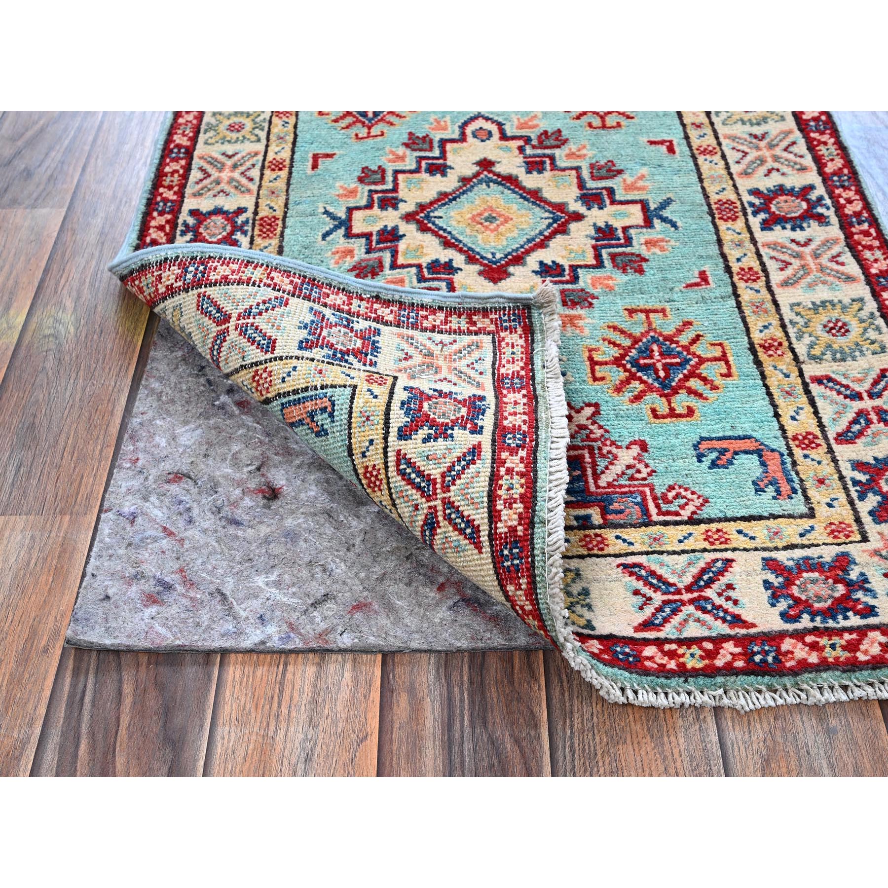 2'1"x3' Powder Blue, Kazak with Geometric Pattern, Soft and Shiny Wool, Vegetable Dyes, Hand Knotted, Denser Weave, Sample, Mat, Oriental Rug Sh365
