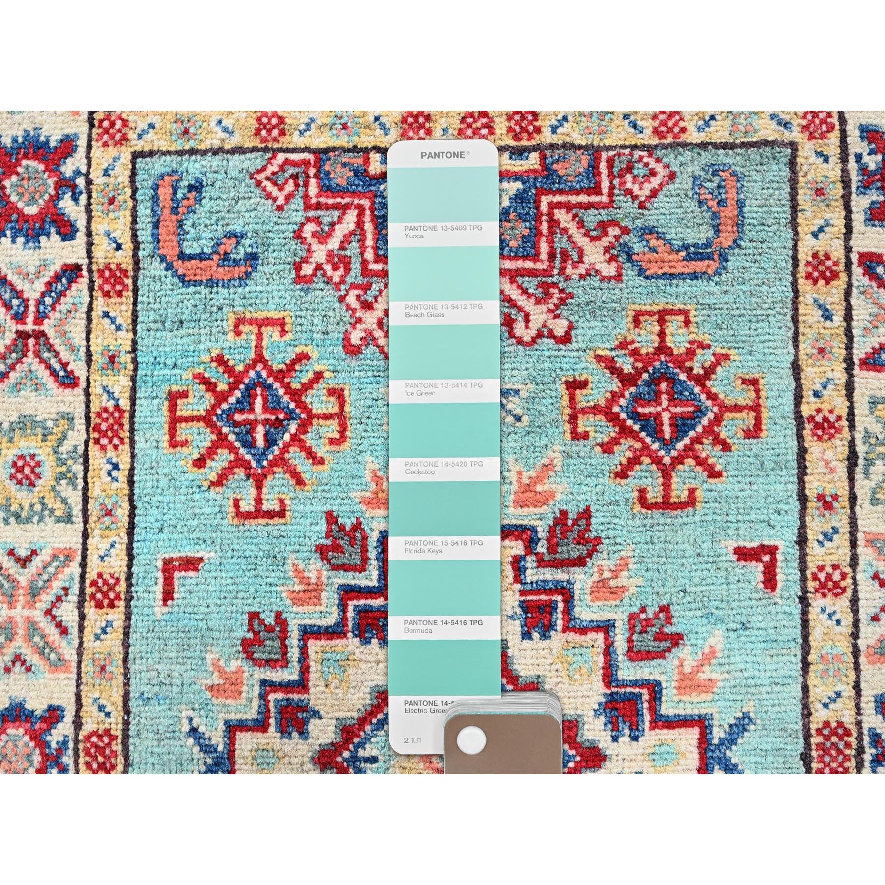 2'1"x3' Powder Blue, Kazak with Geometric Pattern, Soft and Shiny Wool, Vegetable Dyes, Hand Knotted, Denser Weave, Sample, Mat, Oriental Rug Sh365