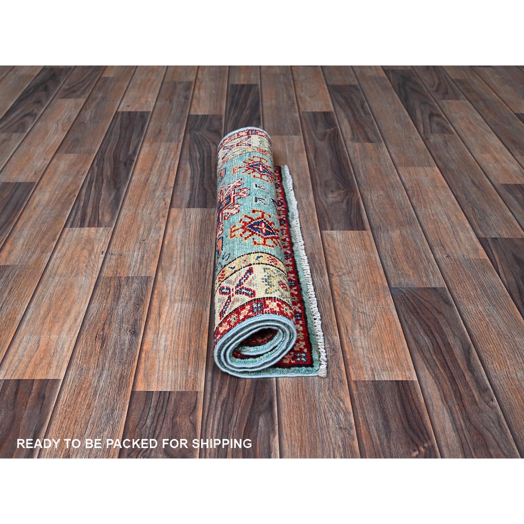 2'1"x3' Powder Blue, Kazak with Geometric Pattern, Soft and Shiny Wool, Vegetable Dyes, Hand Knotted, Denser Weave, Sample, Mat, Oriental Rug Sh365