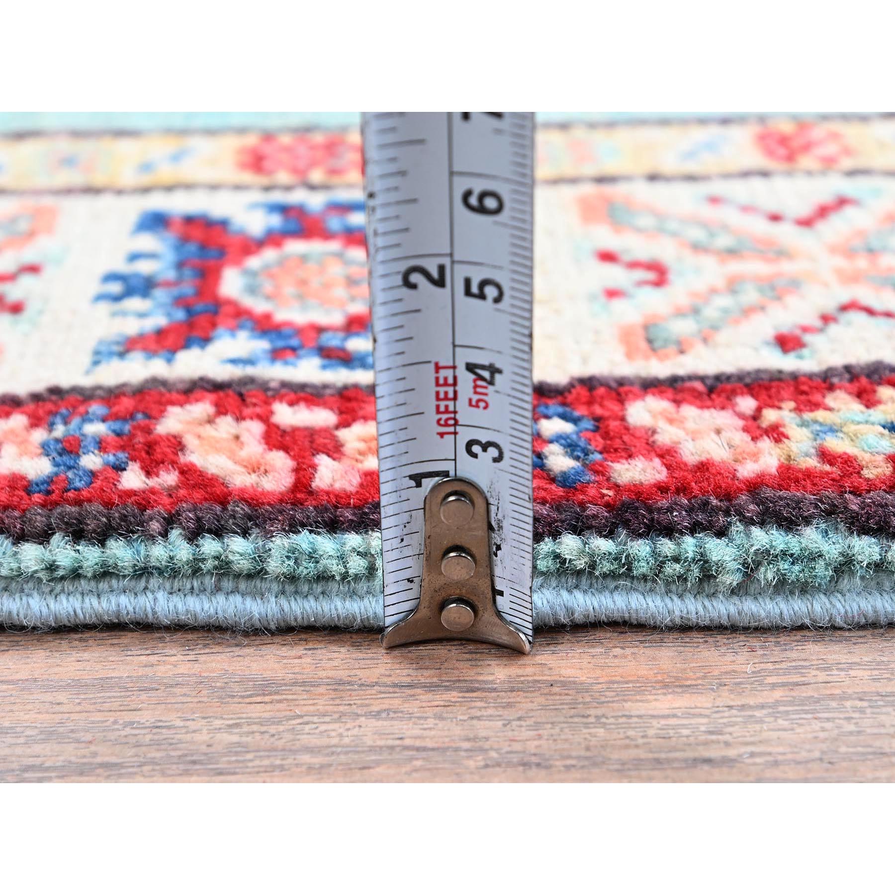 2'1"x3' Powder Blue, Kazak with Geometric Pattern, Soft and Shiny Wool, Vegetable Dyes, Hand Knotted, Denser Weave, Sample, Mat, Oriental Rug Sh365