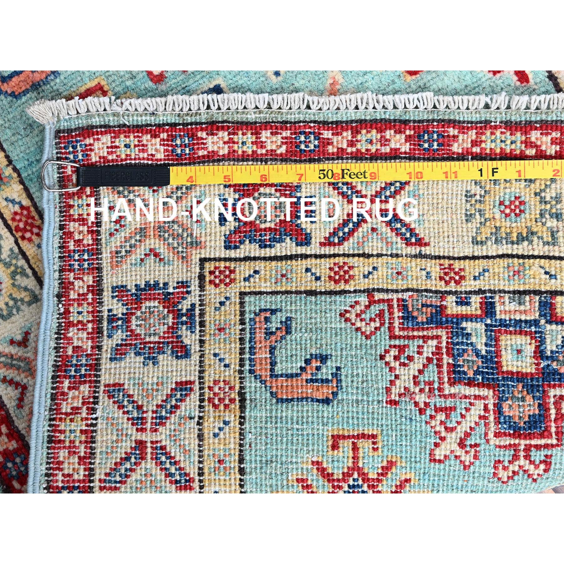 2'1"x3' Powder Blue, Kazak with Geometric Pattern, Soft and Shiny Wool, Vegetable Dyes, Hand Knotted, Denser Weave, Sample, Mat, Oriental Rug Sh365