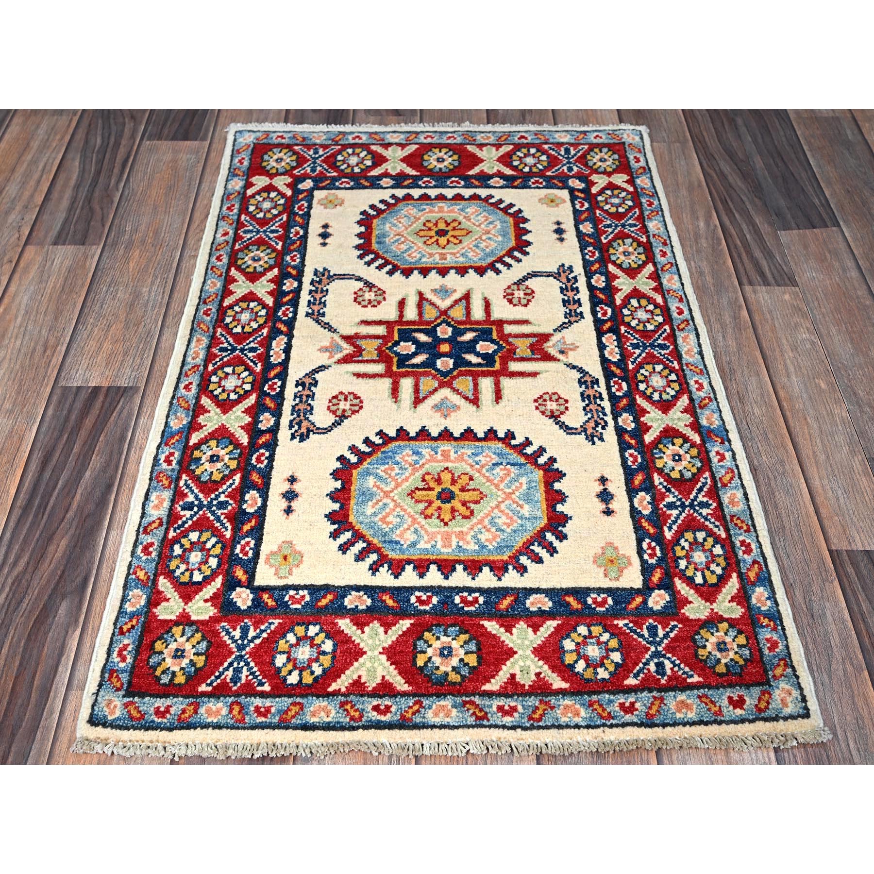 2'x3'1" Tofu White, Kazak with Geometric Pattern, Soft and Shiny Wool, Vegetable Dyes, Hand Knotted, Denser Weave, Sample, Mat, Oriental Rug Sh366